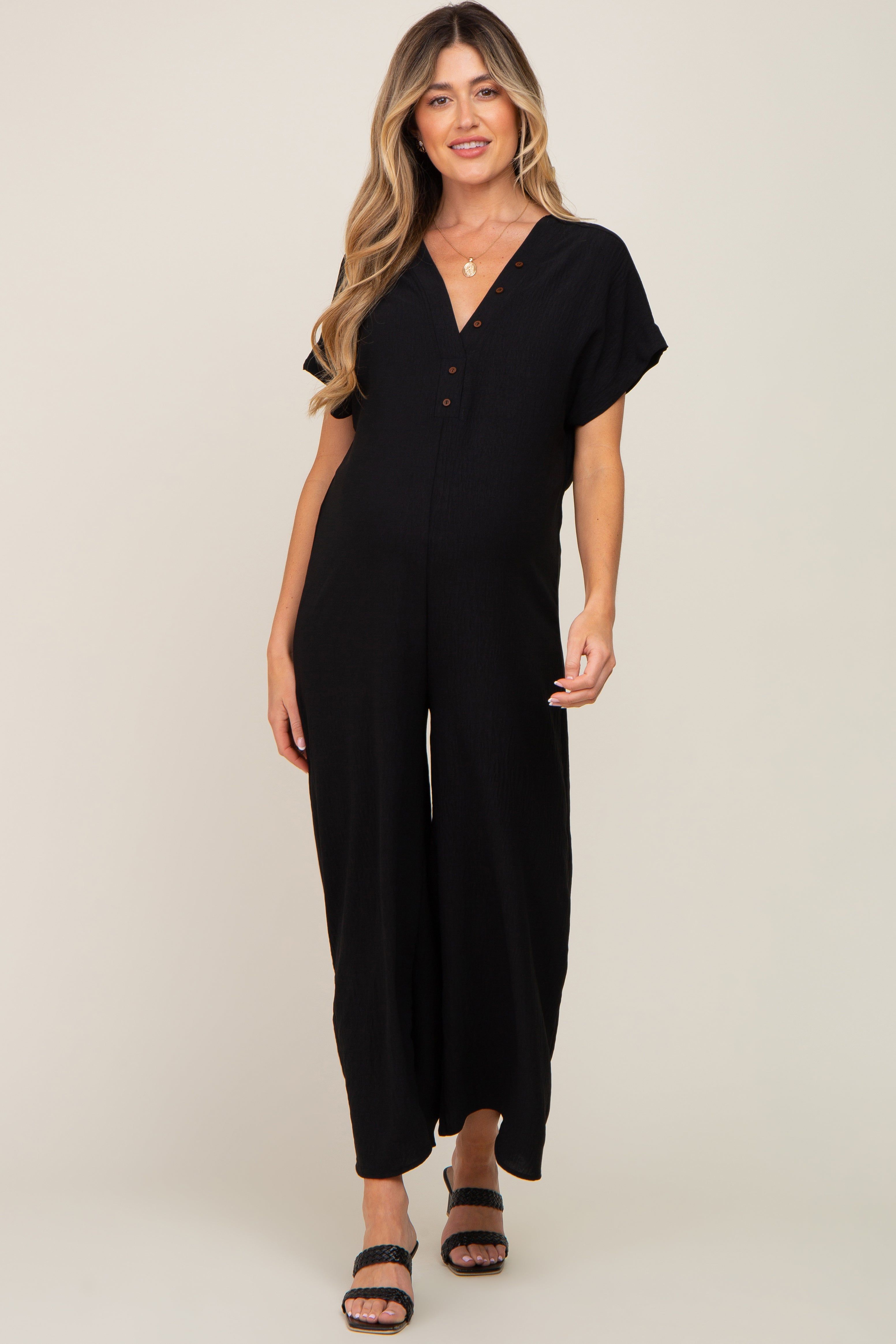 Black Front Button Accent Maternity Jumpsuit sold by Pinkblush product image thumbnail 4