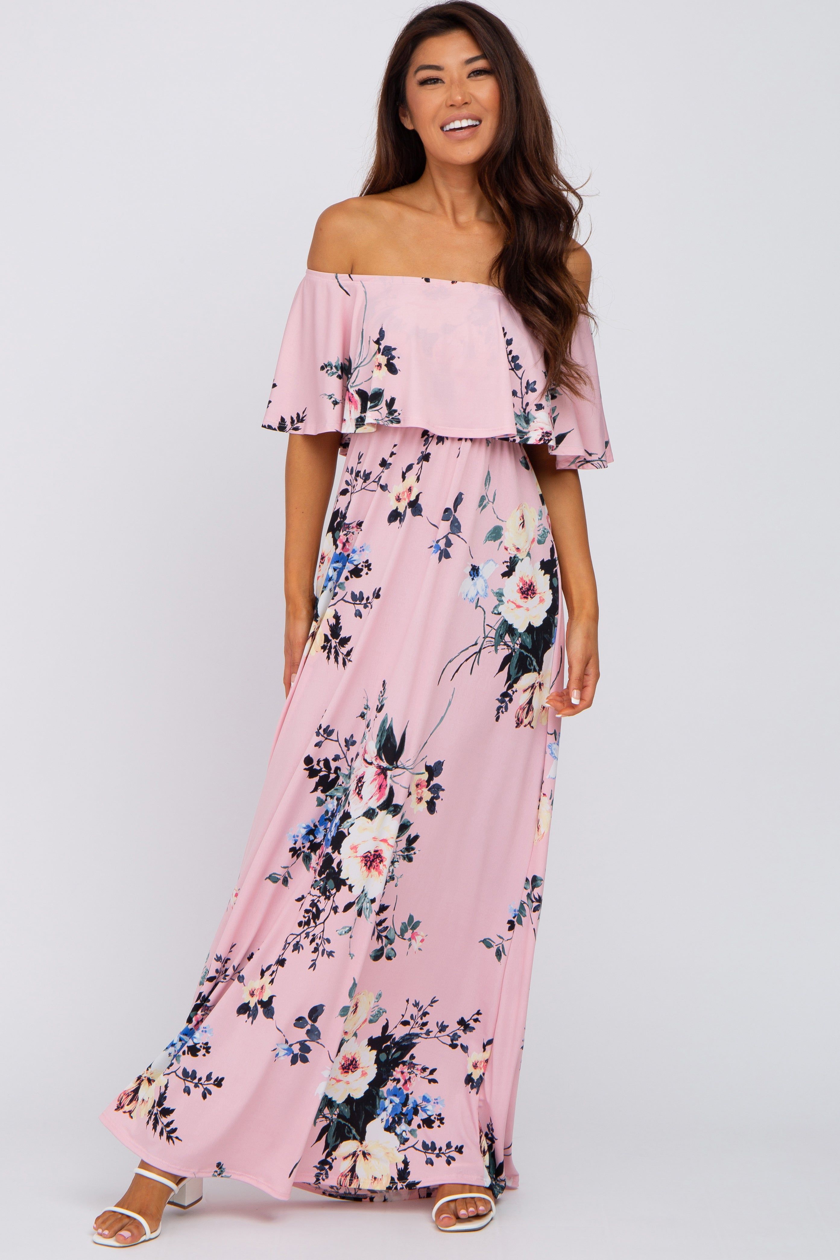 Pink Floral Flounce Off Shoulder Maxi Dress sold by Pinkblush