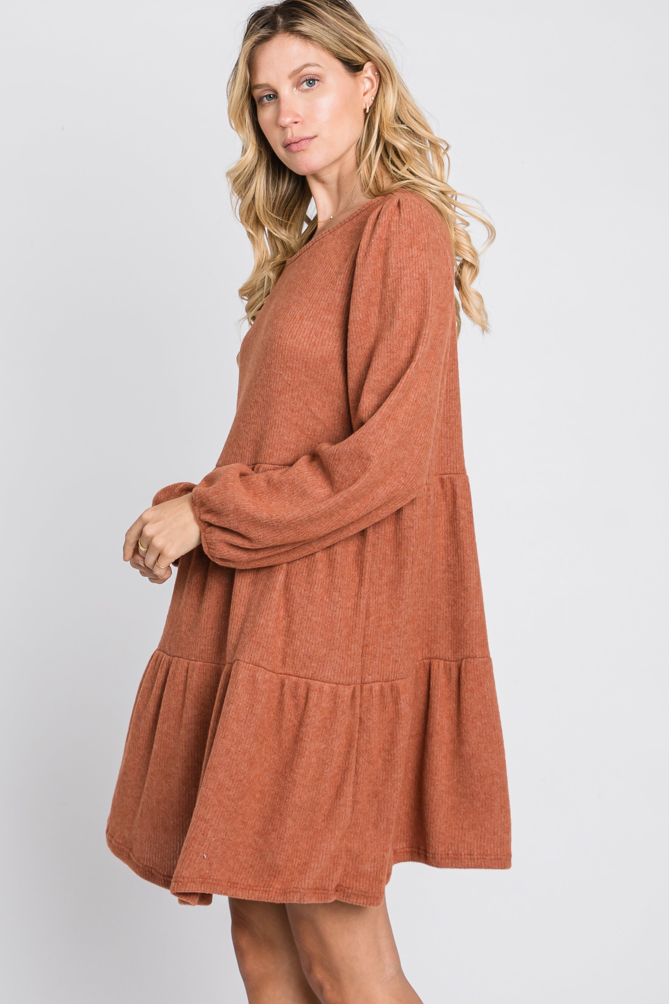Rust Brushed Knit Tiered Dress sold by Pinkblush product image thumbnail 2
