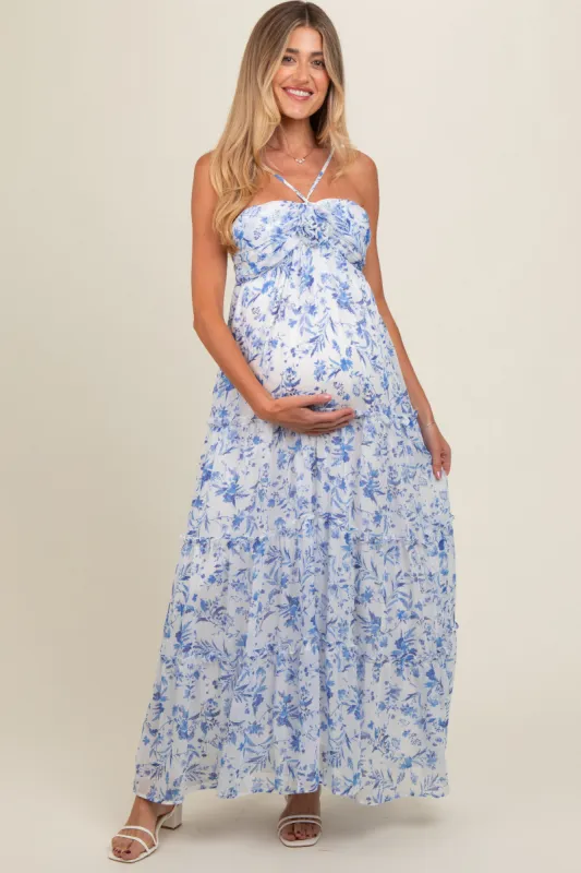 Blue Floral Halter Maxi Maternity Dress sold by Pinkblush