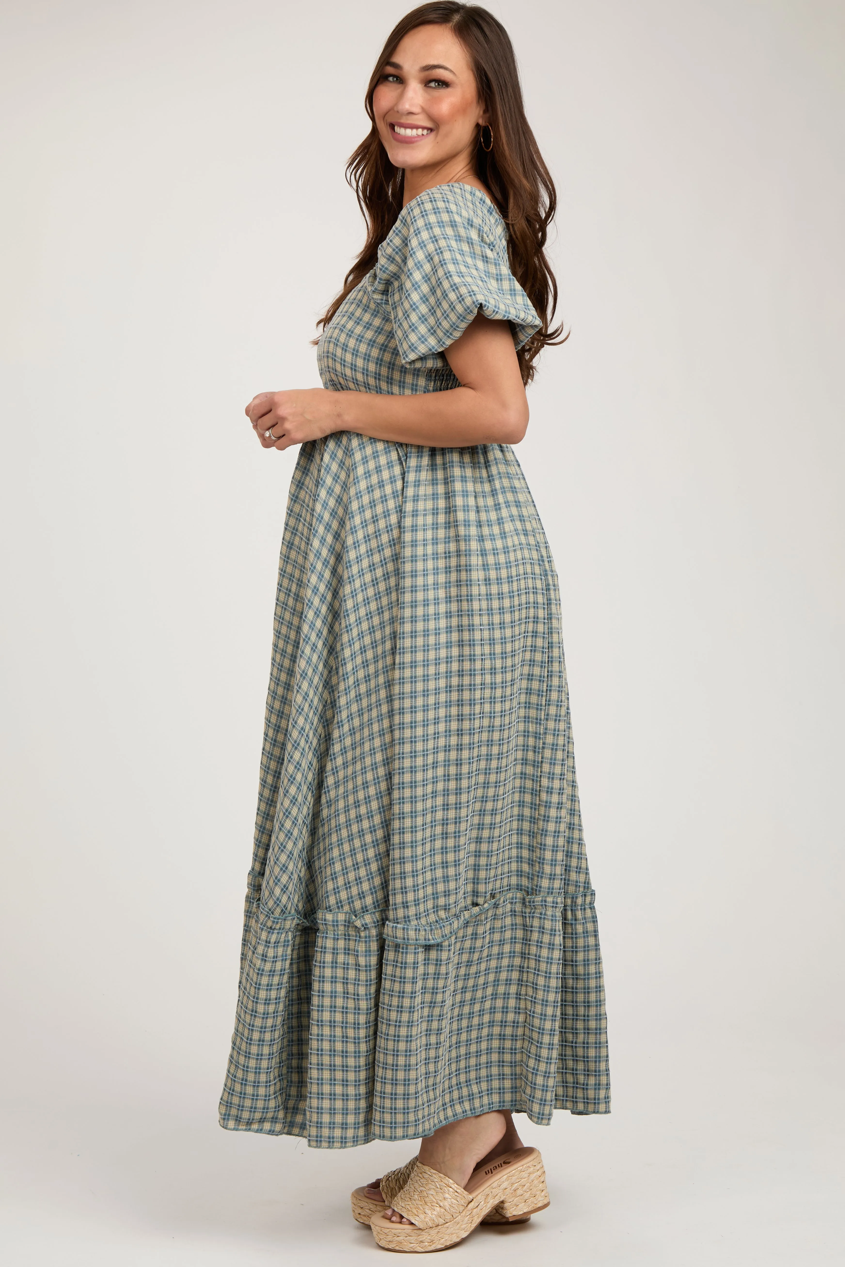 Blue Plaid Puff Sleeve Maternity Maxi Dress sold by Pinkblush product image thumbnail 3