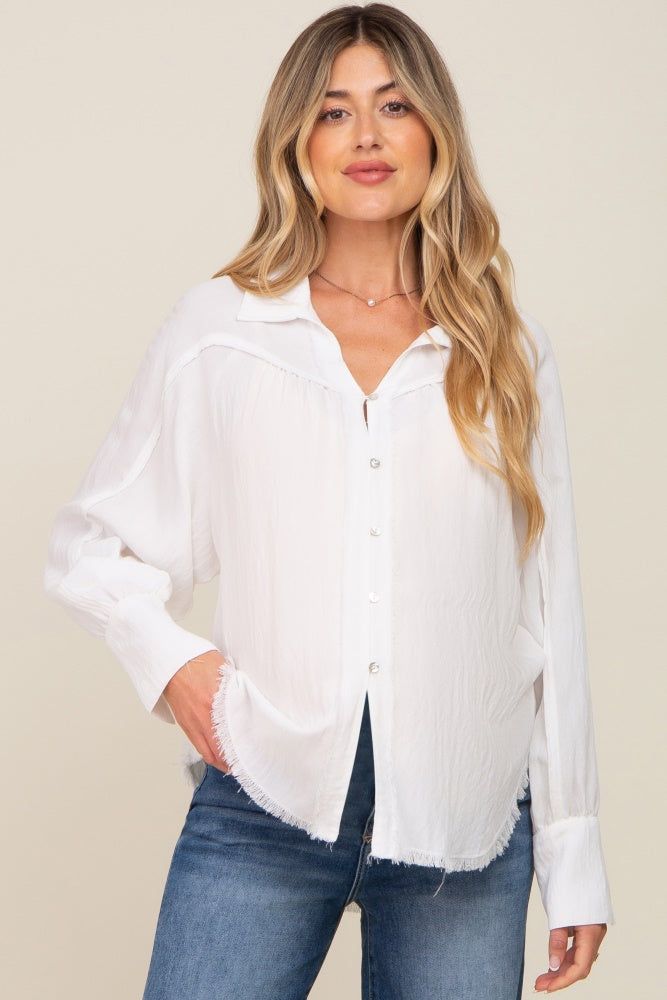 White Button-Down Raw Hem Maternity Blouse sold by Pinkblush