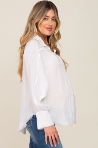 White Button-Down Raw Hem Maternity Blouse sold by Pinkblush