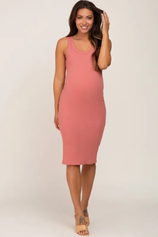 Salmon Ribbed Scoop Neck Sleeveless Maternity Midi Dress sold by Pinkblush