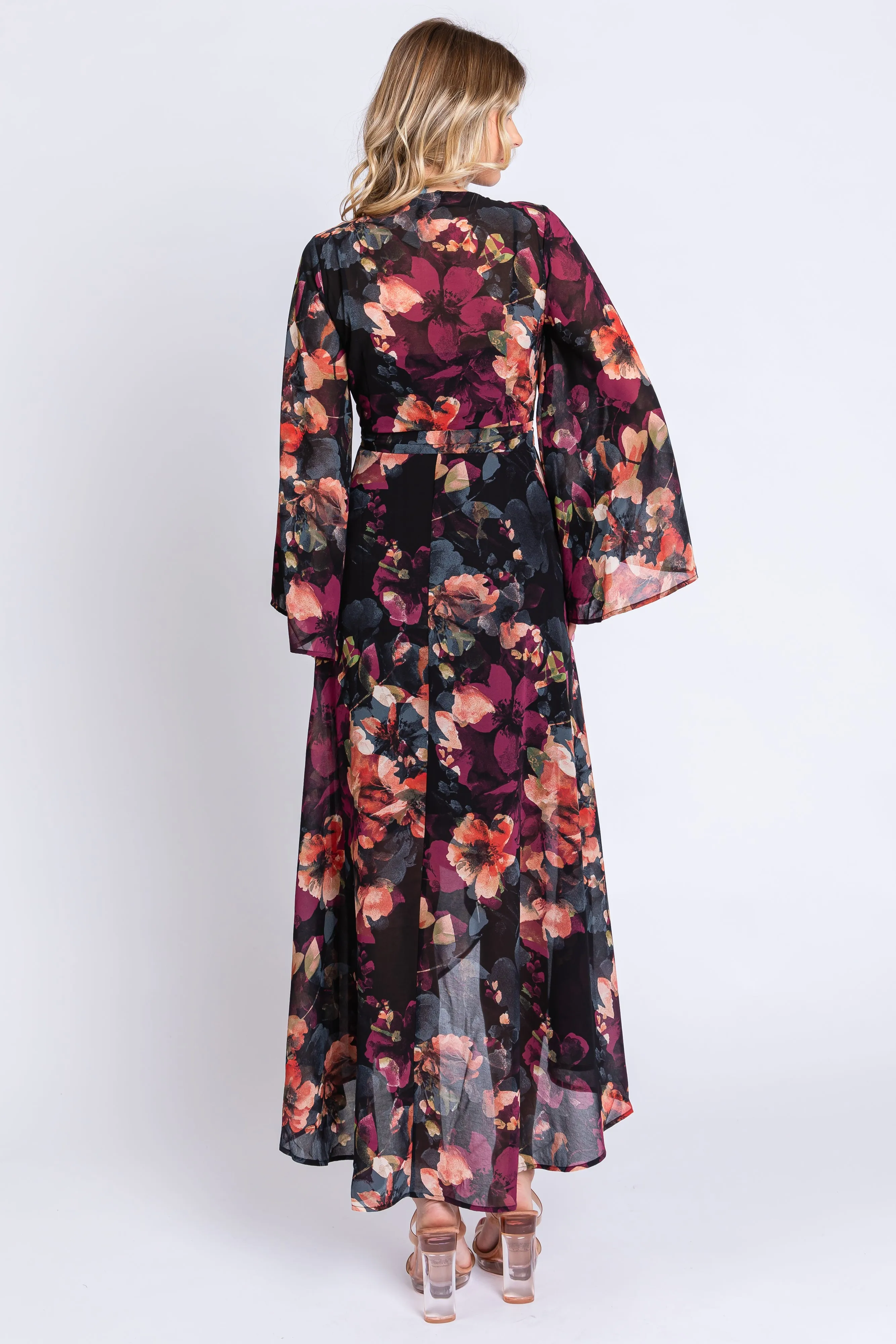 Burgundy Floral Chiffon Wrap Front Hi-Low Dress sold by Pinkblush product image thumbnail 3