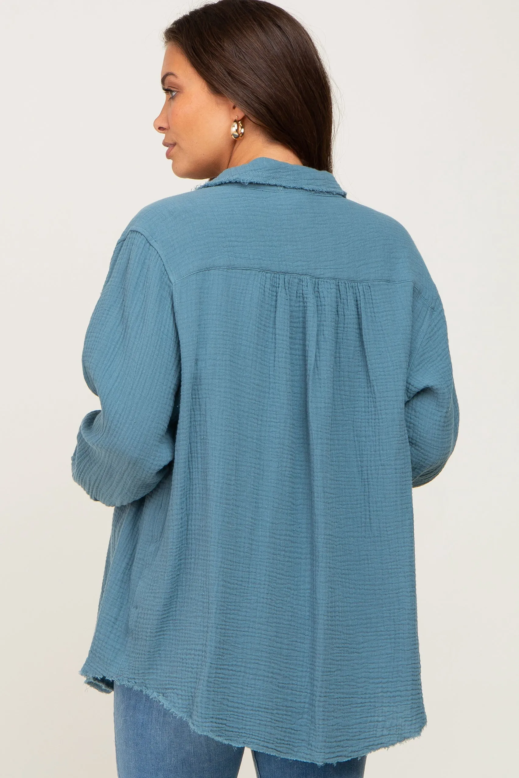 Blue Frayed Hem Button Down Maternity Top sold by Pinkblush product image thumbnail 3