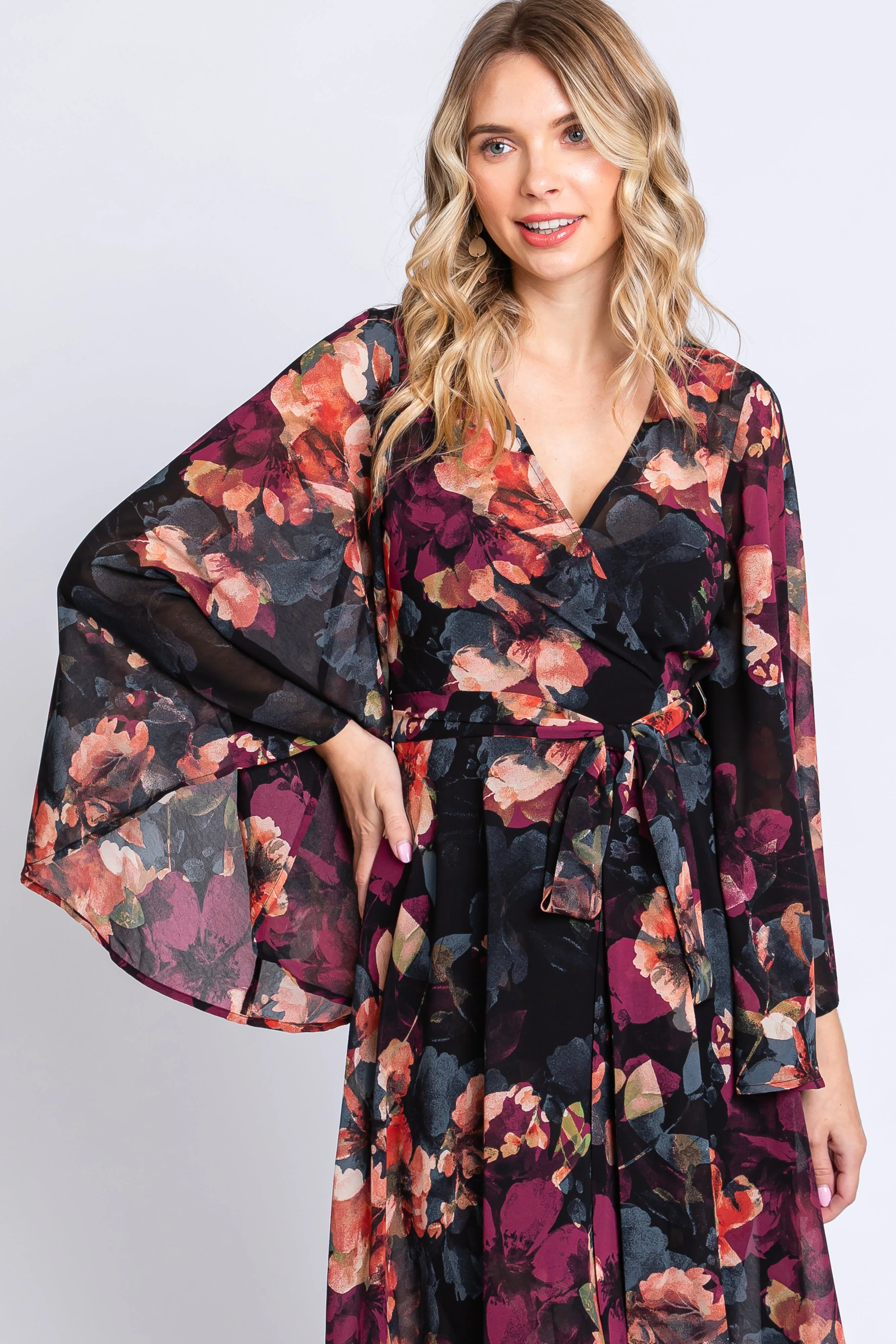 Burgundy Floral Chiffon Wrap Front Hi-Low Dress sold by Pinkblush product image thumbnail 4