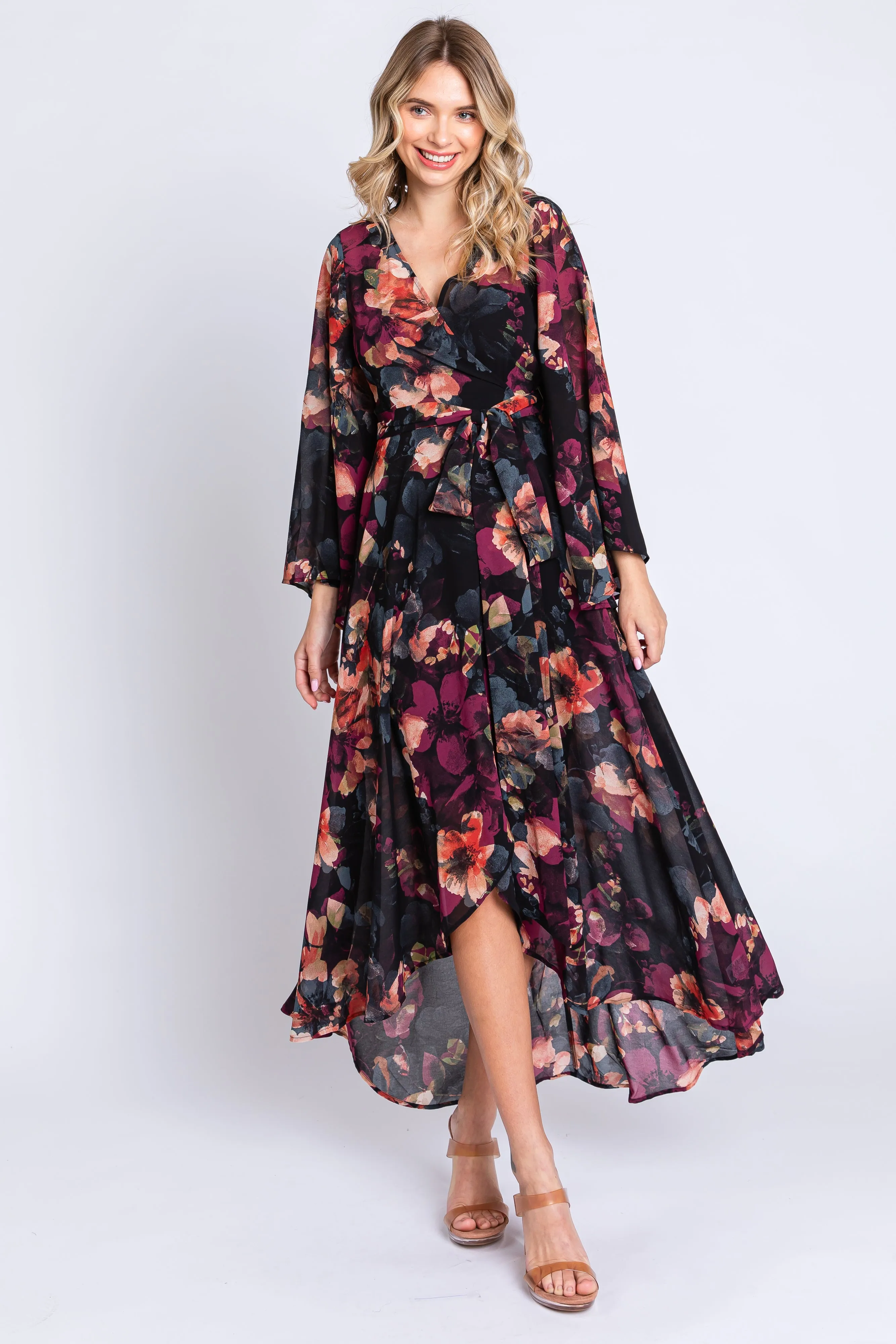 Burgundy Floral Chiffon Wrap Front Hi-Low Dress sold by Pinkblush
