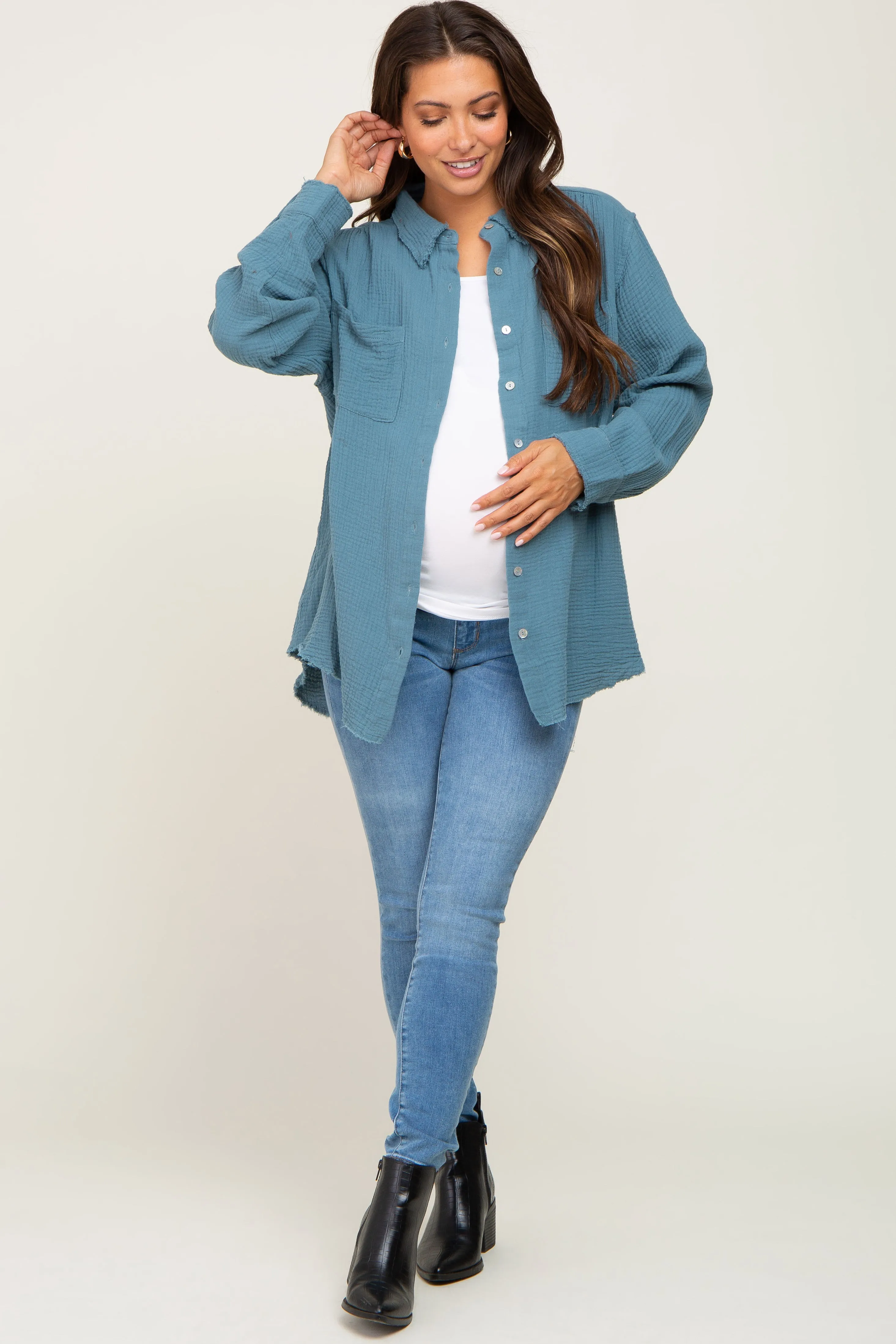 Blue Frayed Hem Button Down Maternity Top sold by Pinkblush product image thumbnail 4