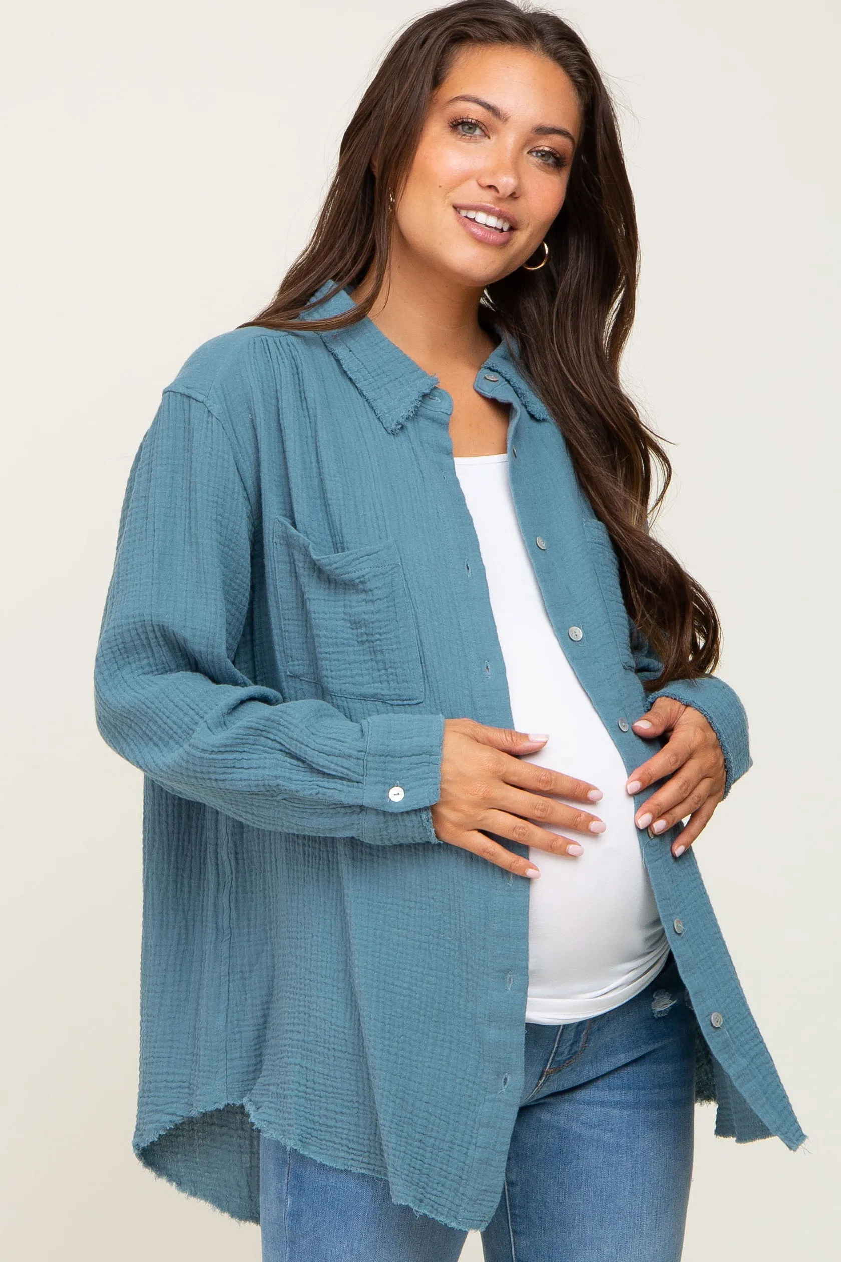 Blue Frayed Hem Button Down Maternity Top sold by Pinkblush