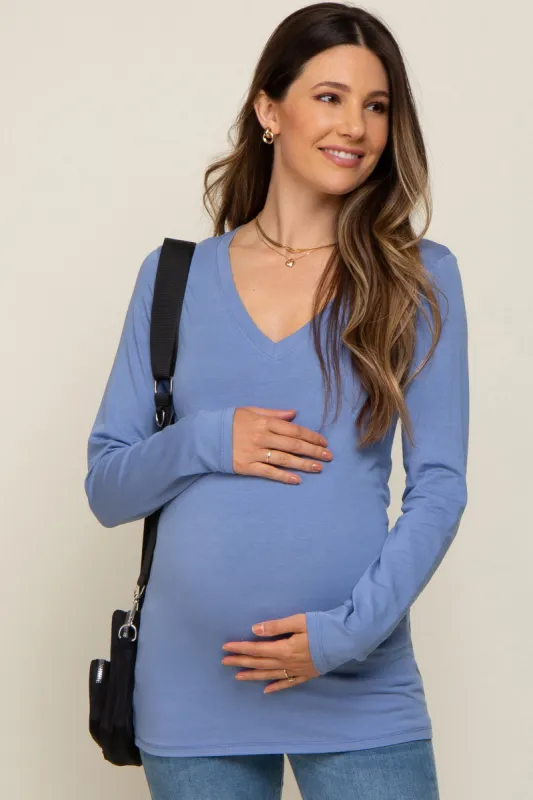 Blue Fitted Long Sleeve Maternity Top sold by Pinkblush