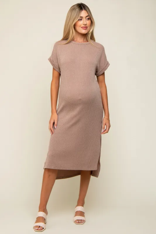 Mocha Ribbed Short Sleeve Maternity Midi Dress sold by Pinkblush