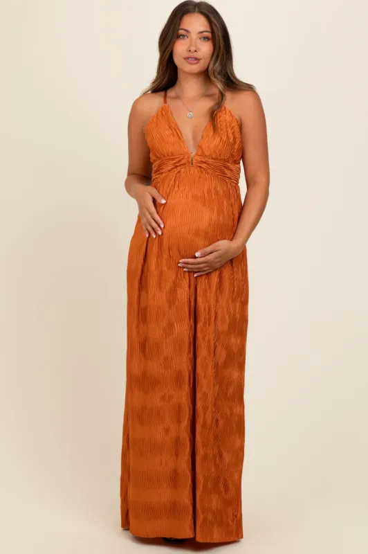 Camel Deep V-Neck Textured Satin Maternity Maxi Dress sold by Pinkblush
