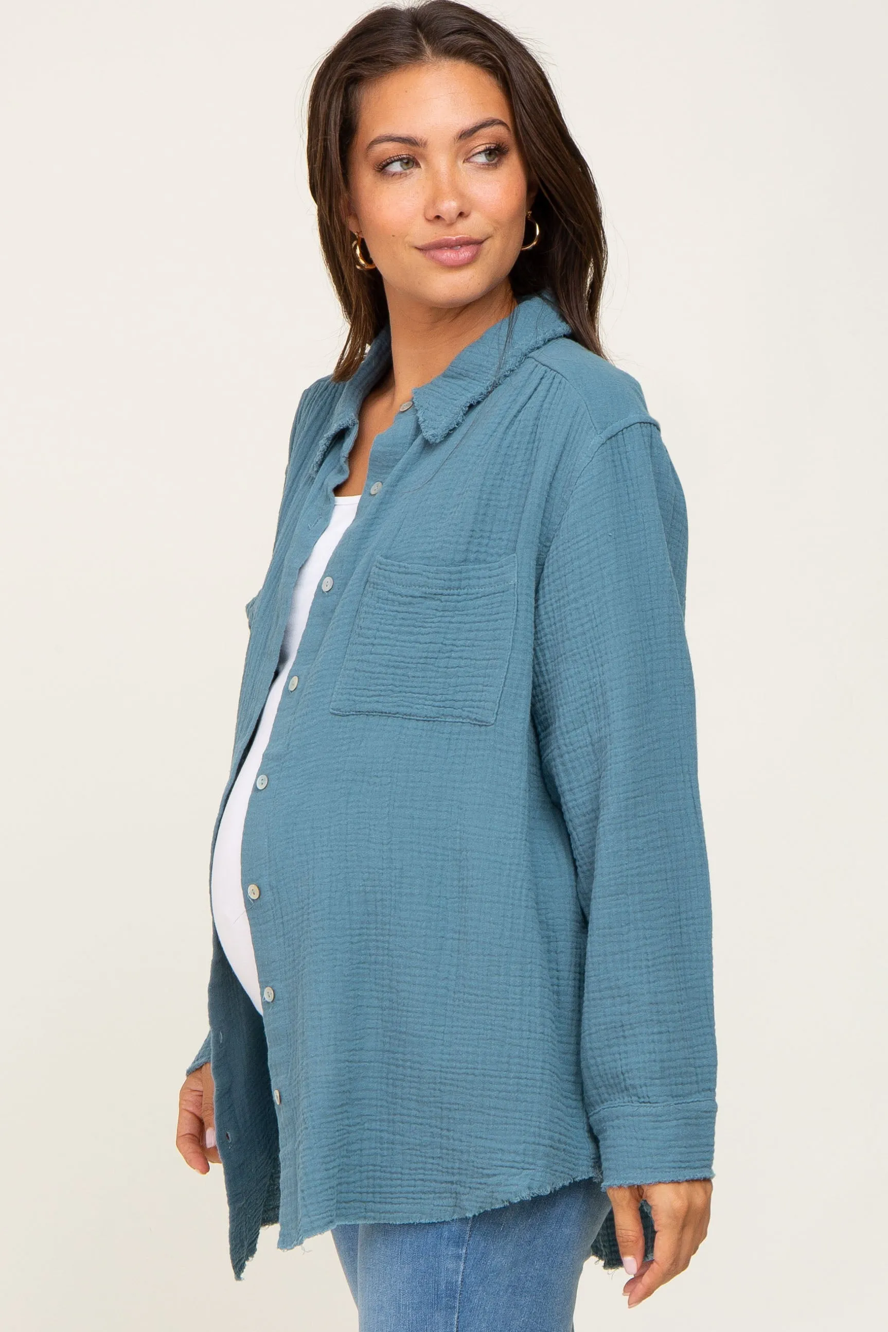 Blue Frayed Hem Button Down Maternity Top sold by Pinkblush product image thumbnail 2