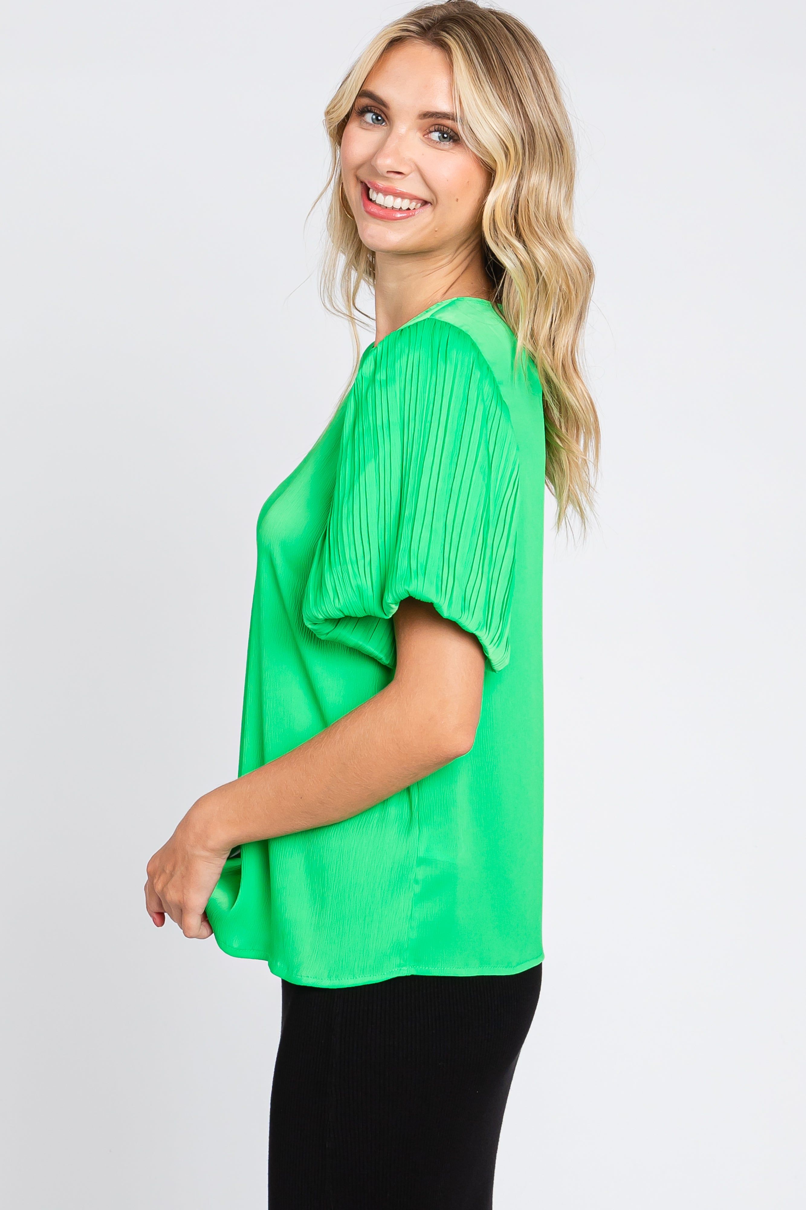Green Satin Pleated Puff Short Sleeve Blouse sold by Pinkblush product image thumbnail 3
