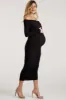 Black Off Shoulder Mesh Ruched Maternity Midi Dress sold by Pinkblush