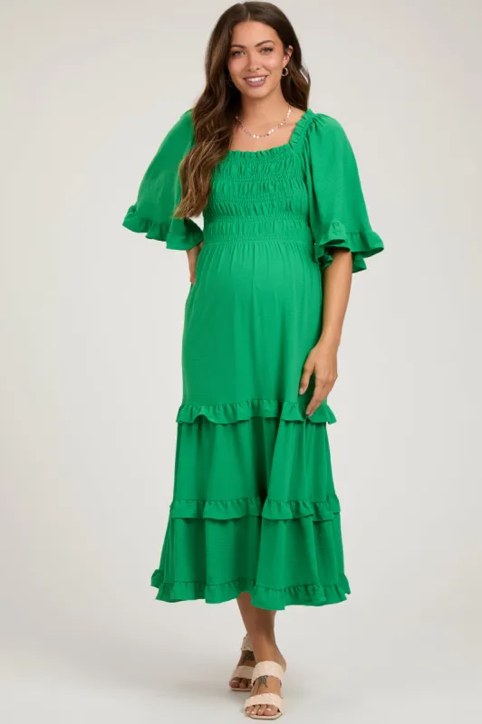 Green Smocked Ruffle Tiered Maternity Midi Dress sold by Pinkblush