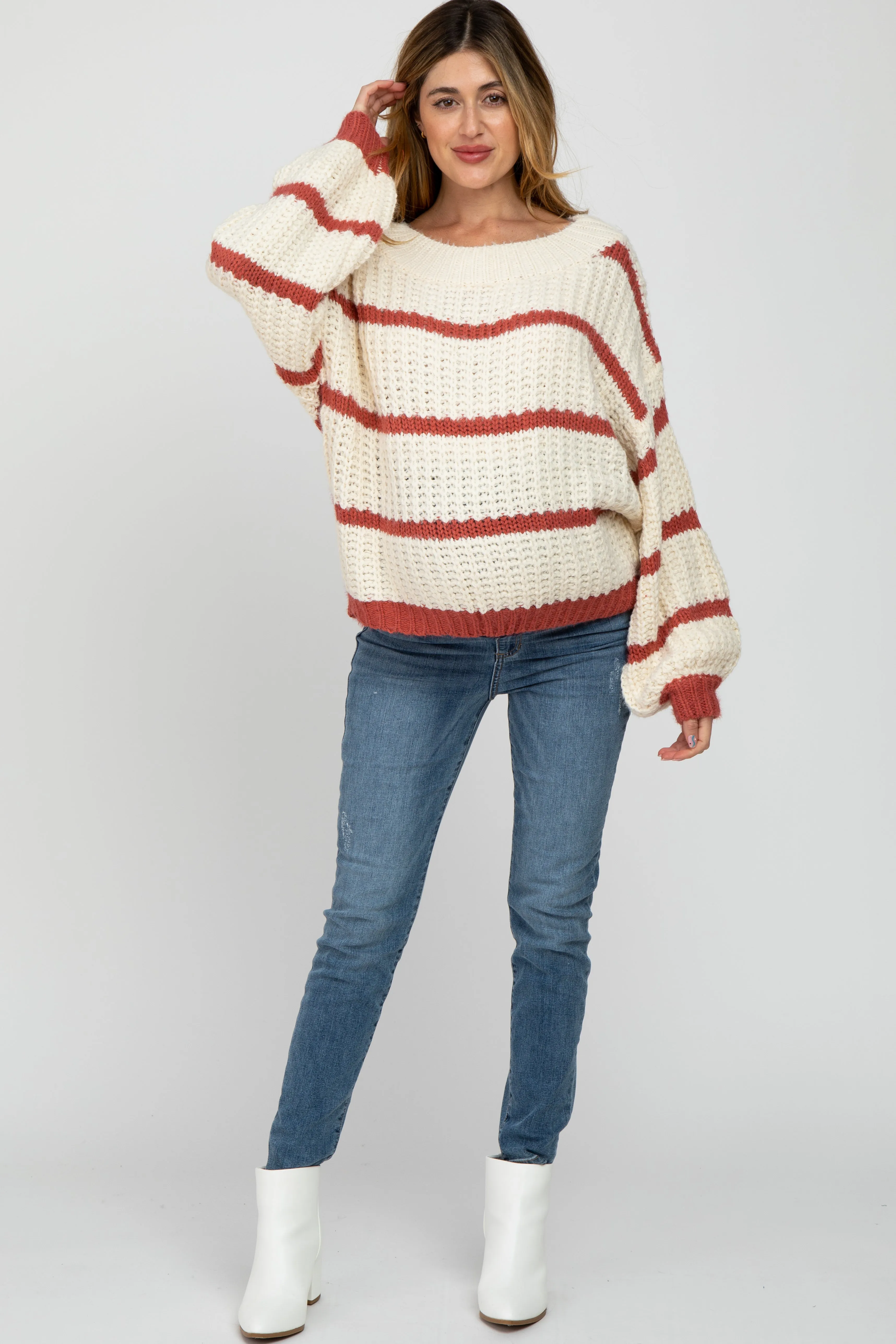 Rust Cream Striped Chunky Knit Maternity Sweater sold by Pinkblush product image thumbnail 2