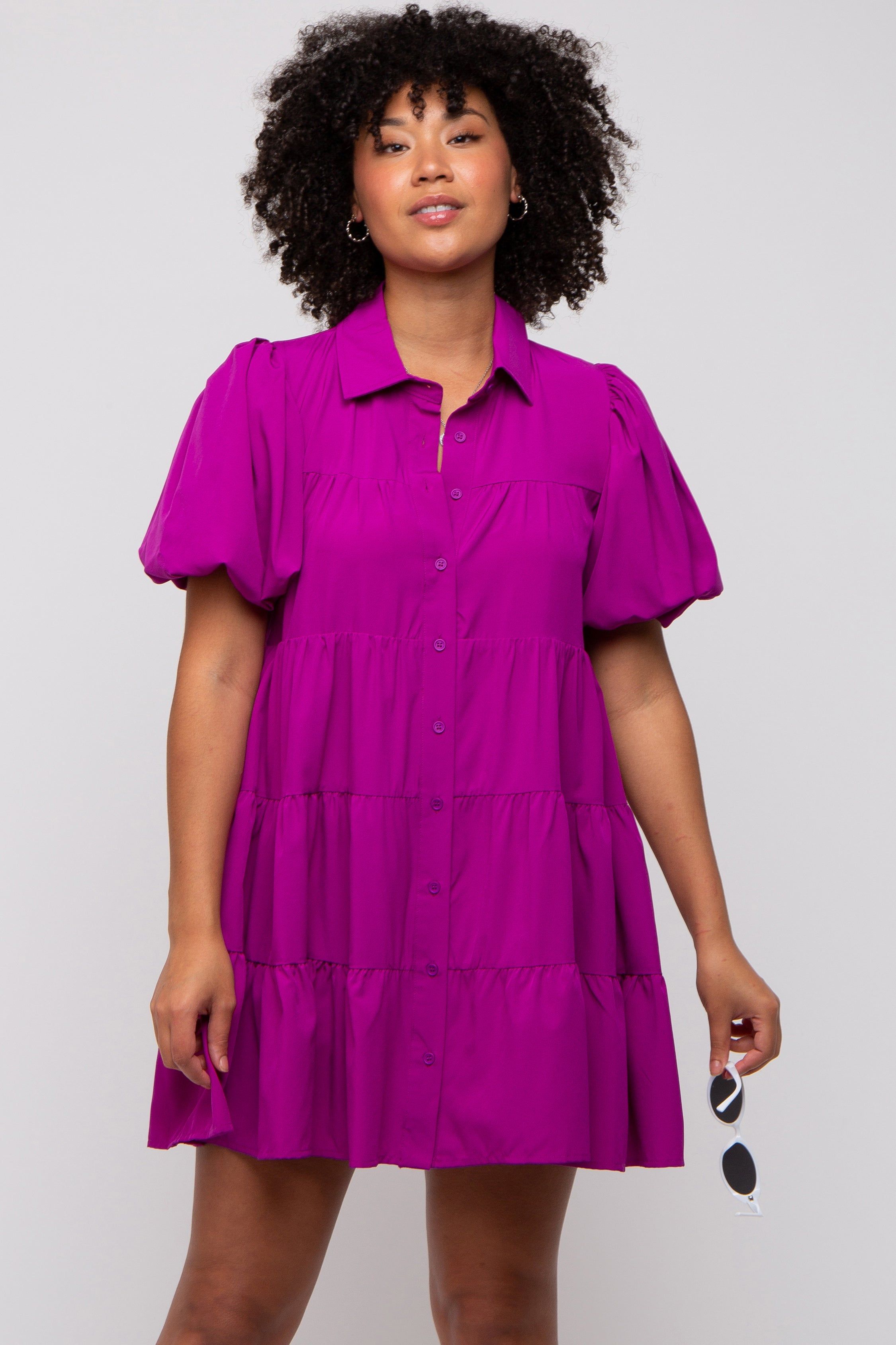 Magenta Puff Sleeve Maternity Mini Shirt Dress sold by Pinkblush product image thumbnail 4