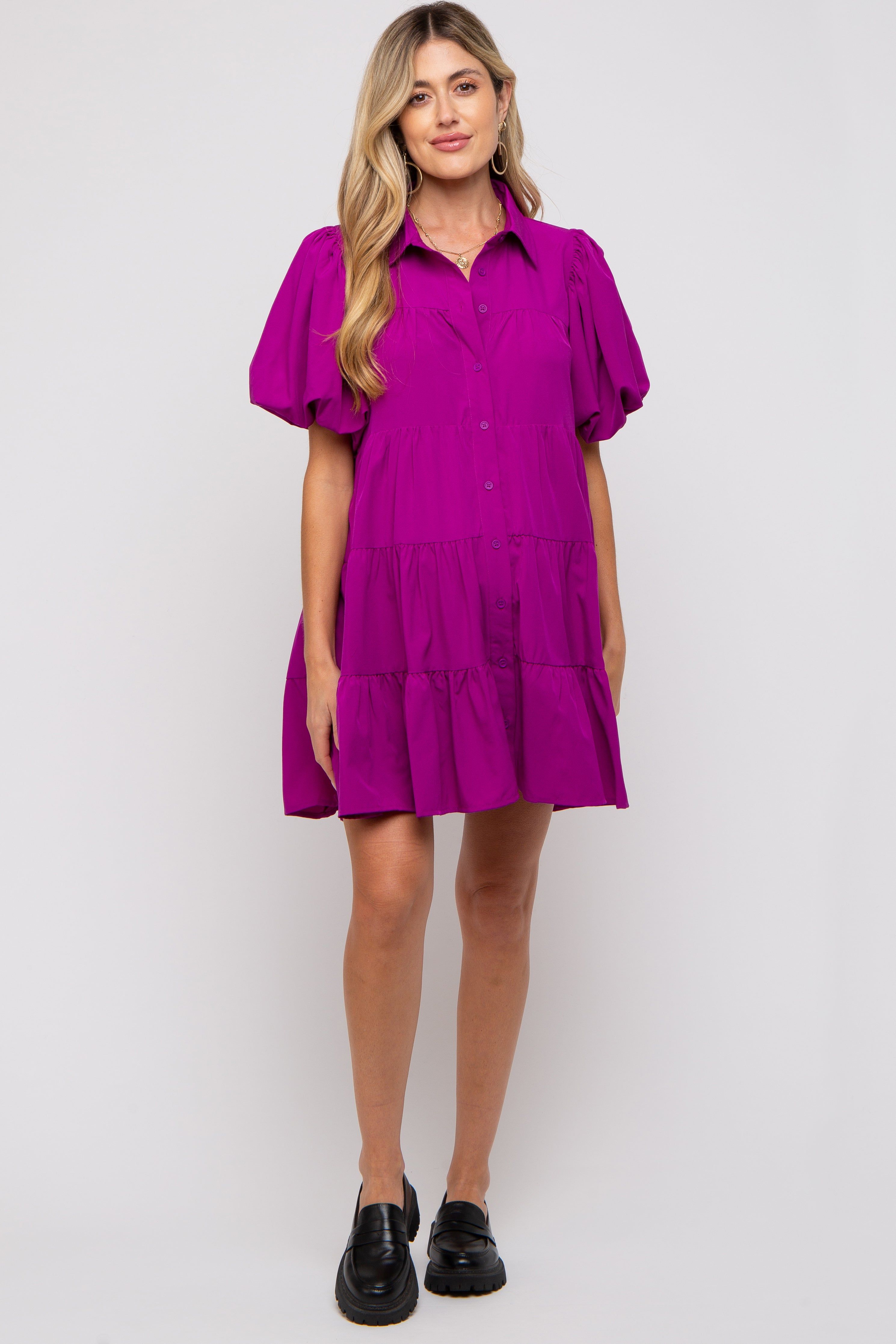Magenta Puff Sleeve Maternity Mini Shirt Dress sold by Pinkblush