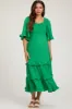 Green Smocked Ruffle Tiered Maternity Midi Dress sold by Pinkblush