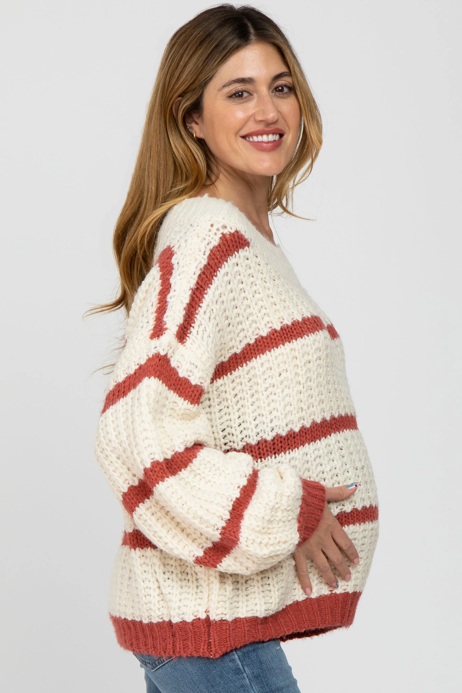 Rust Cream Striped Chunky Knit Maternity Sweater sold by Pinkblush product image thumbnail 3