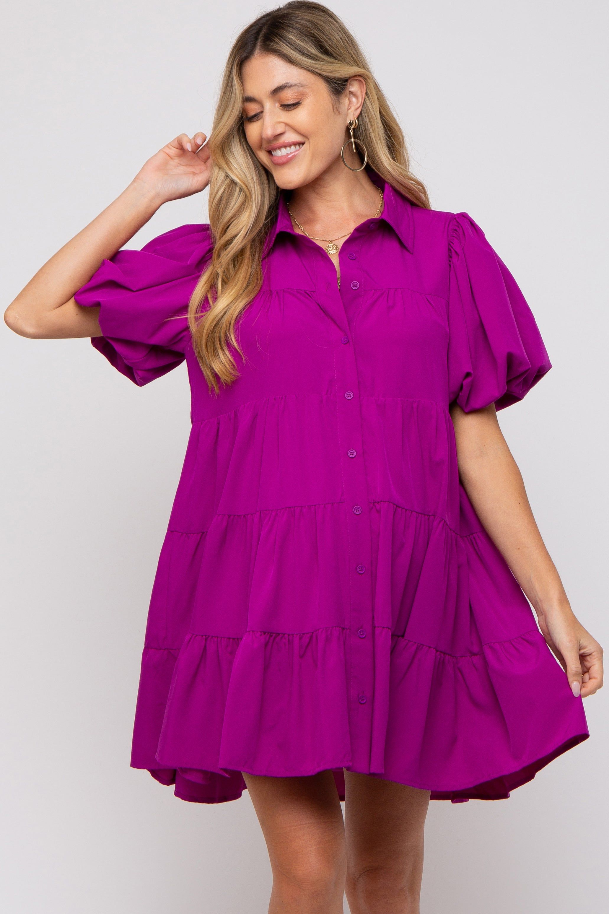 Magenta Puff Sleeve Maternity Mini Shirt Dress sold by Pinkblush product image thumbnail 2