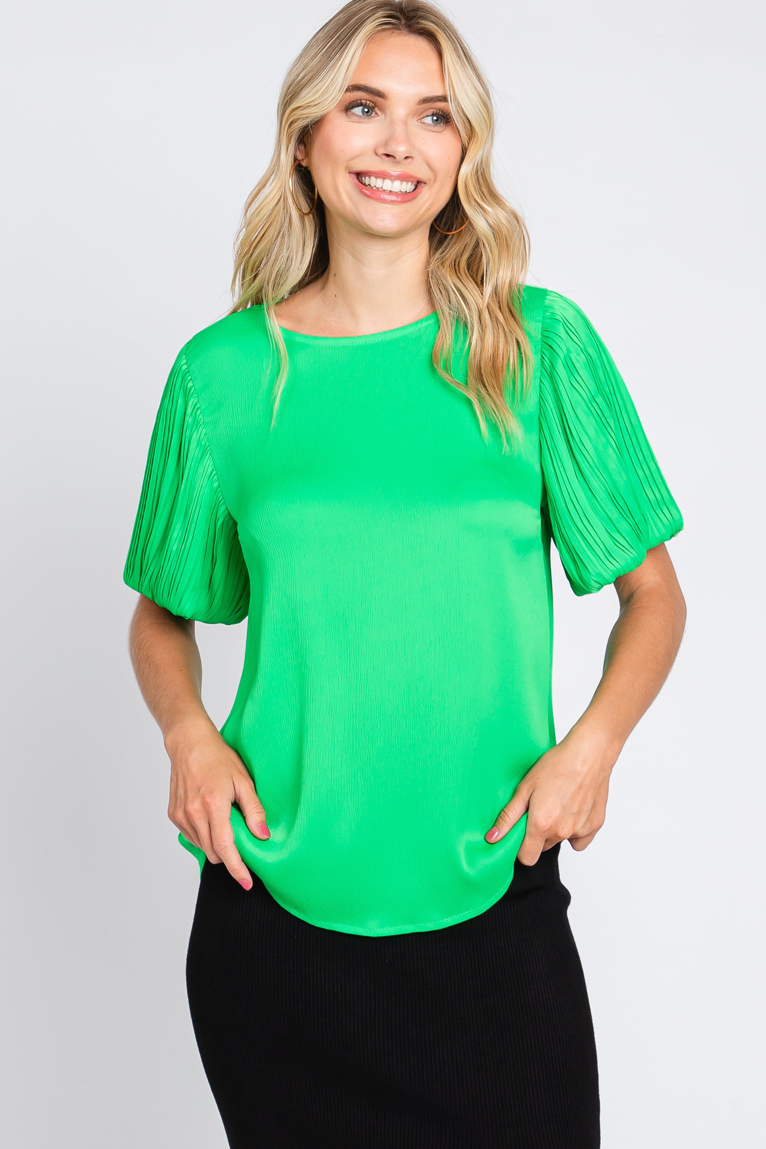 Green Satin Pleated Puff Short Sleeve Blouse sold by Pinkblush product image thumbnail 2
