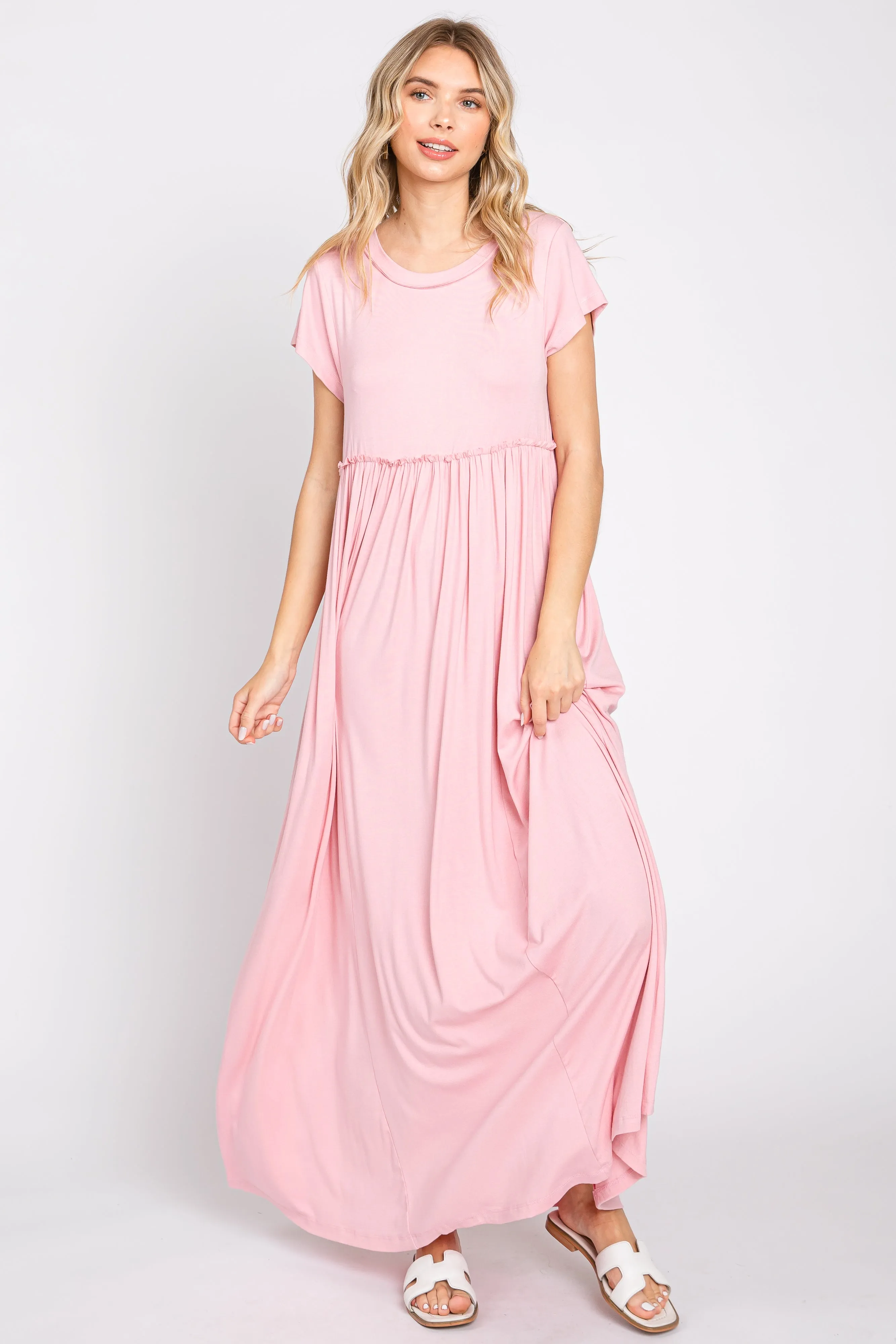Light Pink Short Sleeve Pocketed Maxi Dress sold by Pinkblush