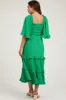 Green Smocked Ruffle Tiered Maternity Midi Dress sold by Pinkblush