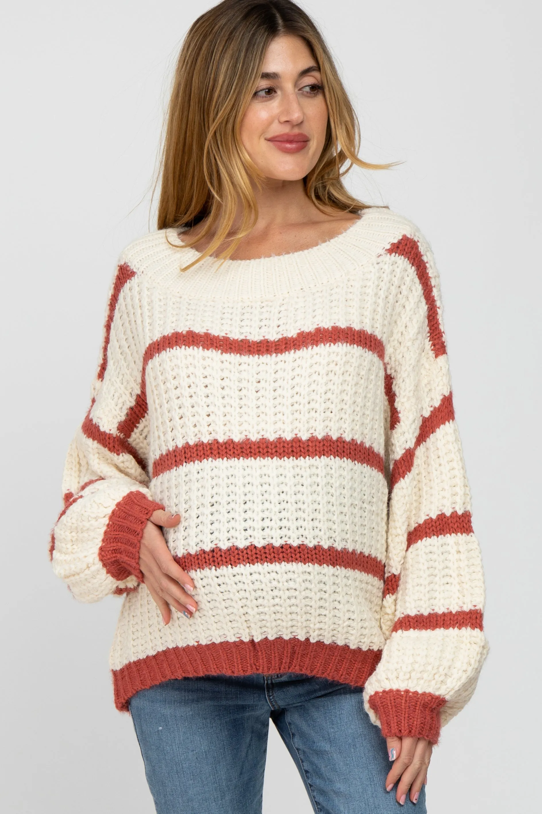 Rust Cream Striped Chunky Knit Maternity Sweater sold by Pinkblush