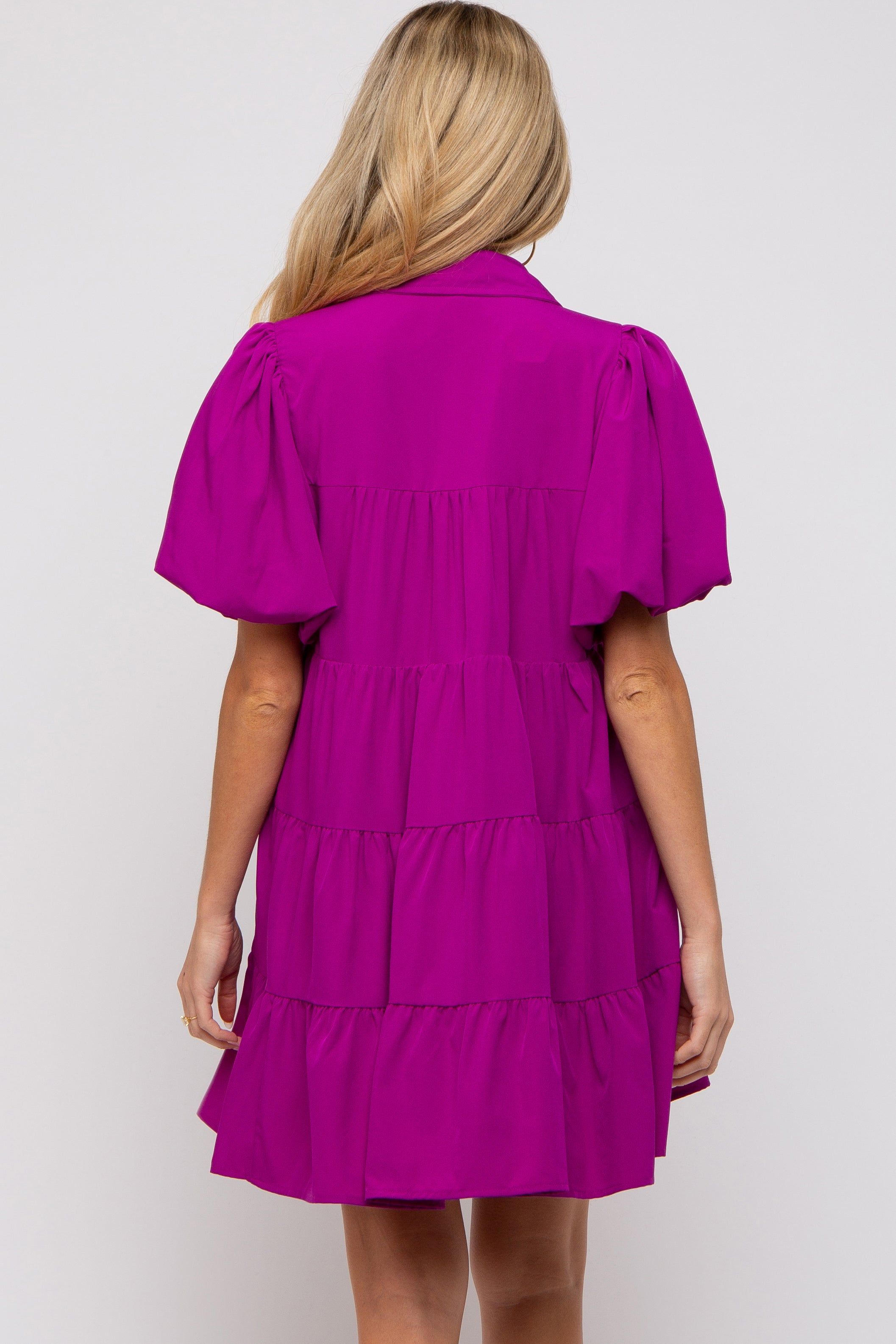 Magenta Puff Sleeve Maternity Mini Shirt Dress sold by Pinkblush product image thumbnail 3