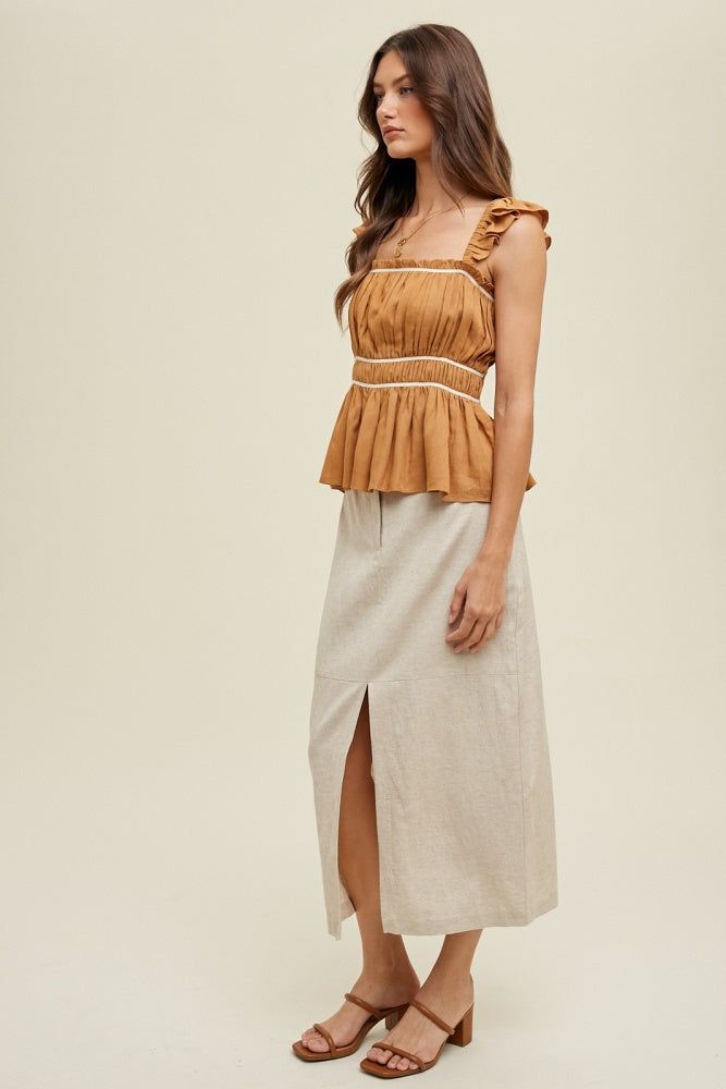 Camel Ruched Peplum Top With Contrast Detail sold by Pinkblush product image thumbnail 3