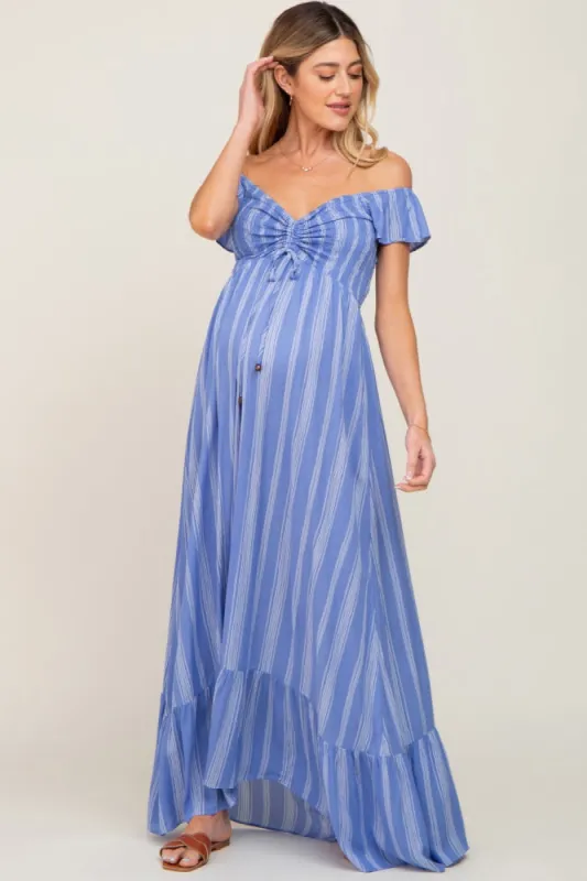 Blue Striped Off Shoulder Front Tie Maternity Maxi Dress sold by Pinkblush
