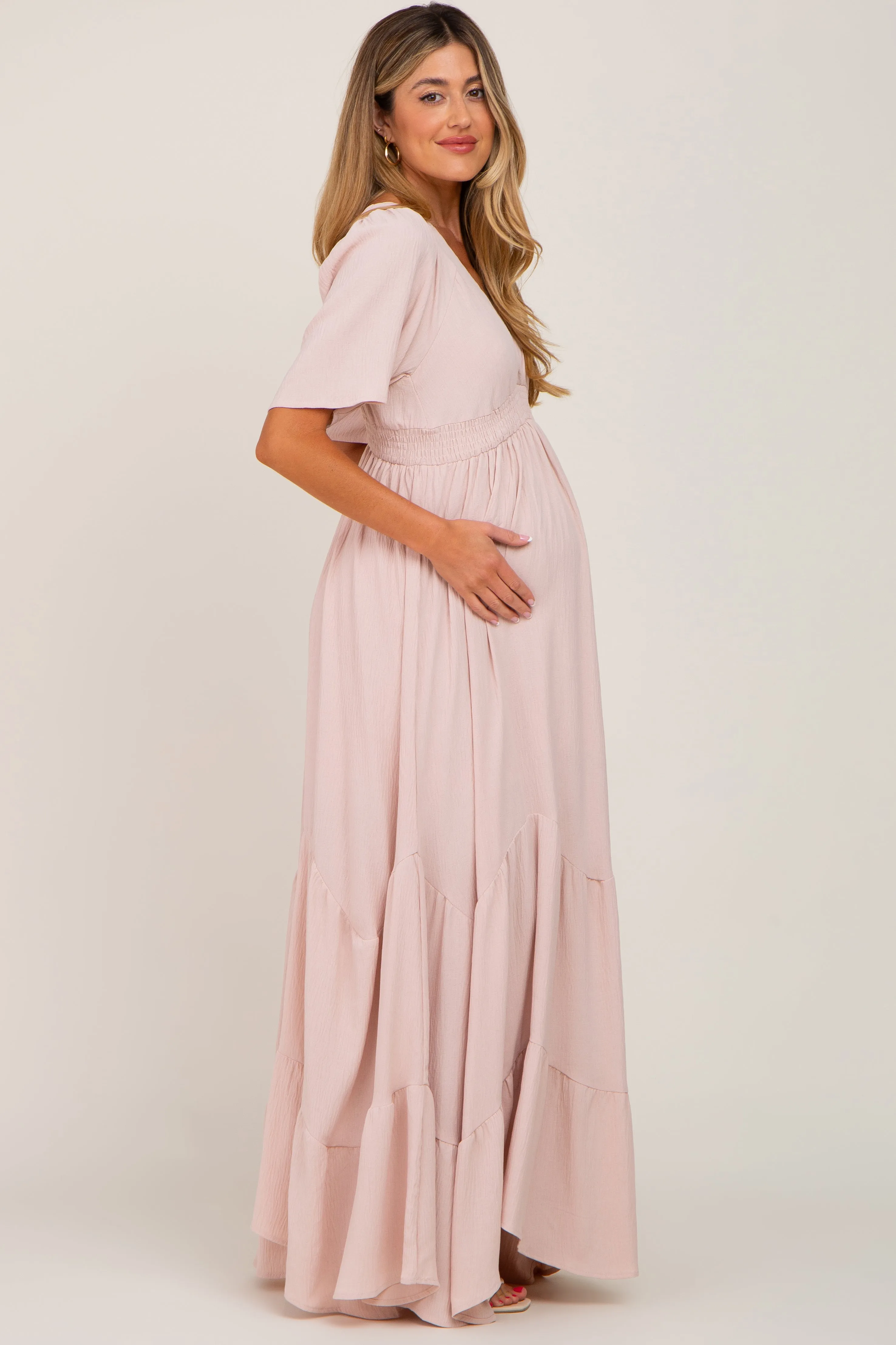 Light Pink Deep V-Neck Maternity Maxi Dress sold by Pinkblush product image thumbnail 2