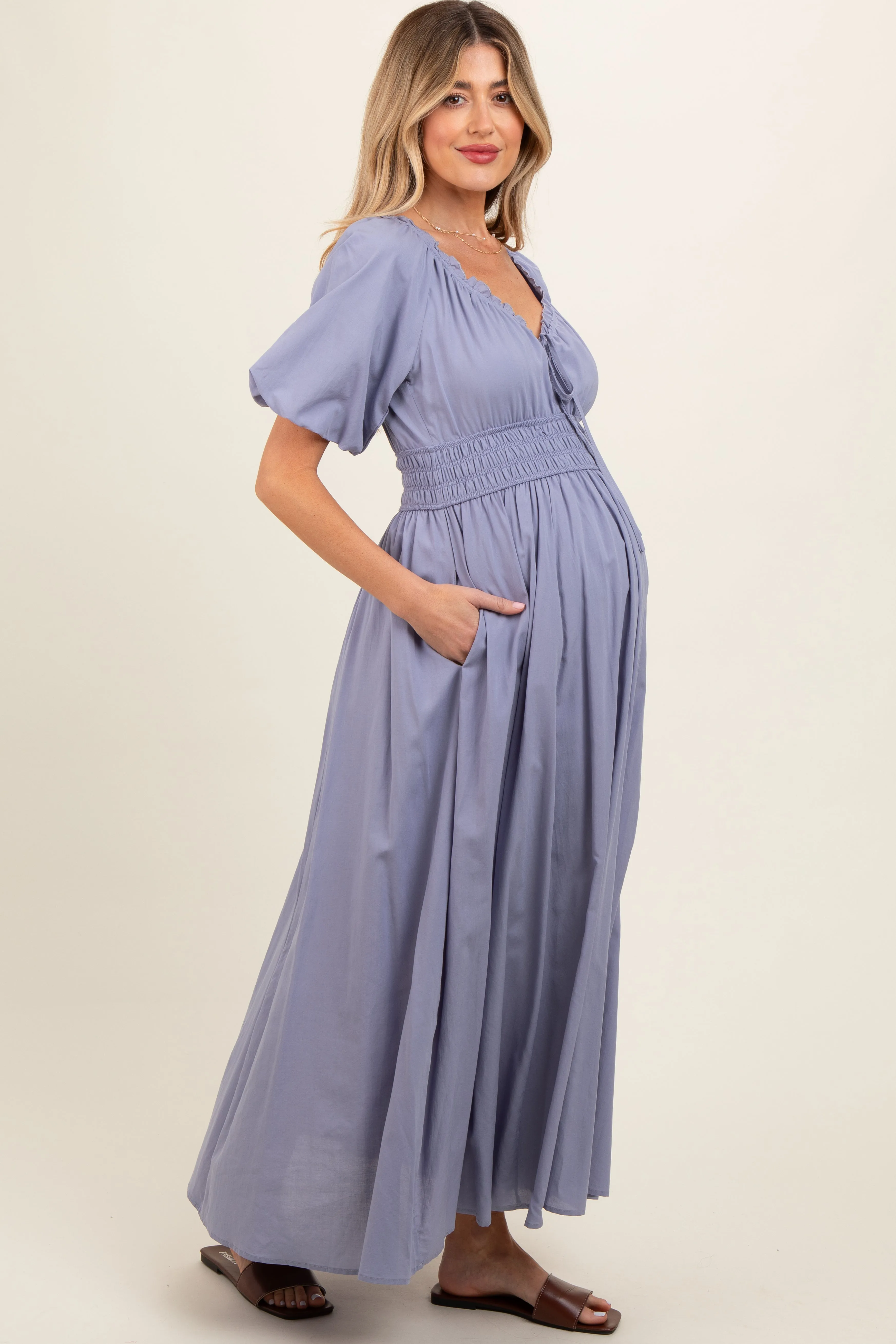Lavender Smocked Puff Sleeve Maternity Maxi Dress sold by Pinkblush product image thumbnail 2