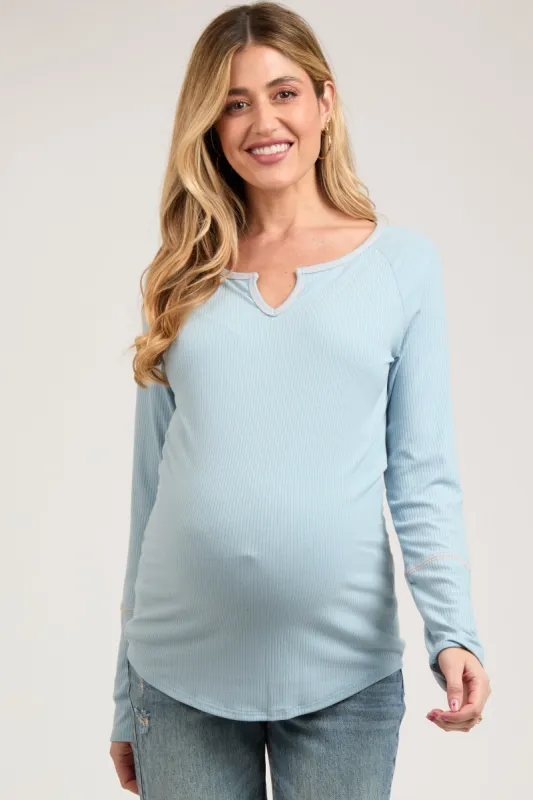 Blue V-Neck Maternity Long Sleeve Shirt sold by Pinkblush
