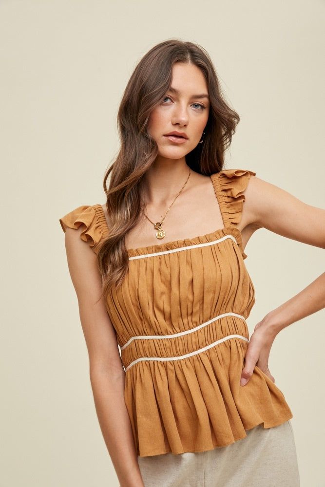 Camel Ruched Peplum Top With Contrast Detail sold by Pinkblush