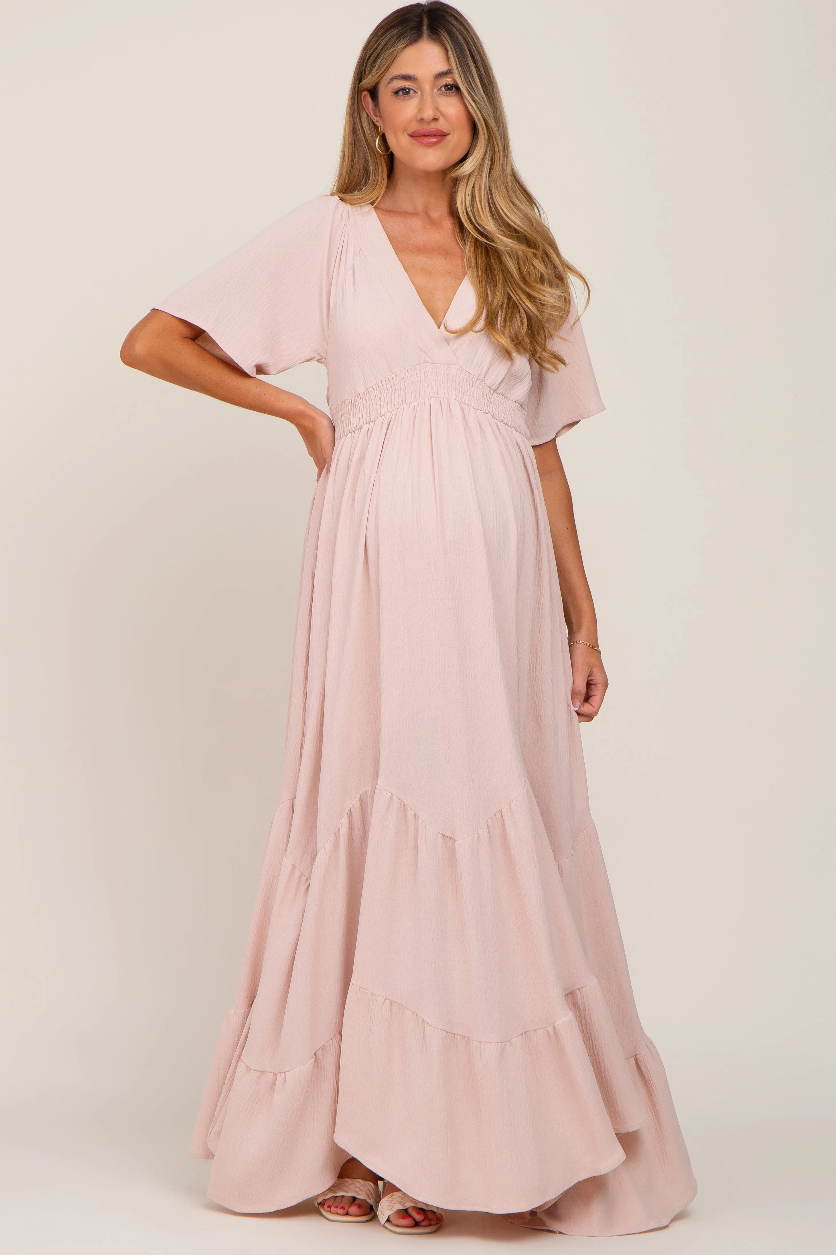 Light Pink Deep V-Neck Maternity Maxi Dress sold by Pinkblush product image thumbnail 4