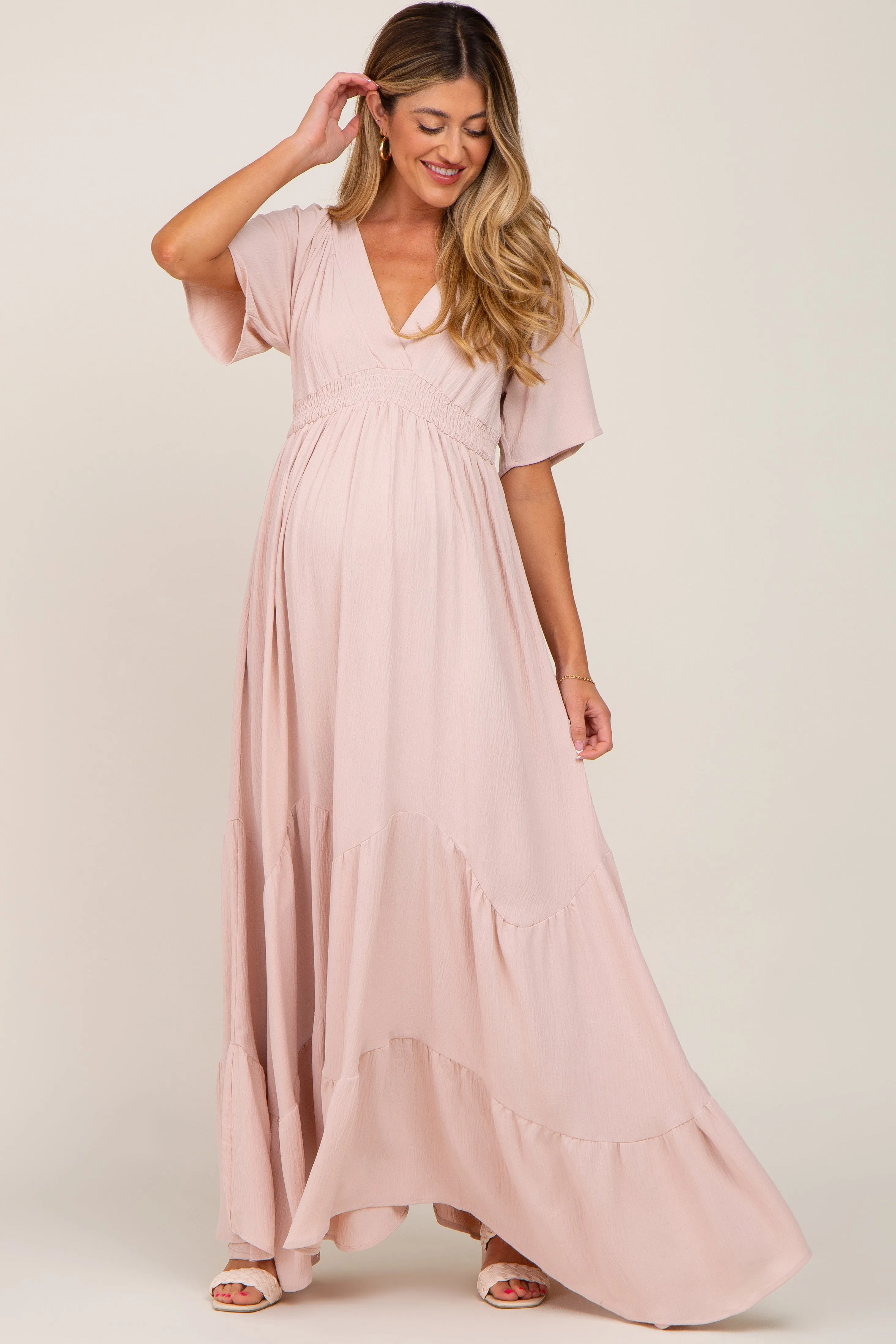Light Pink Deep V-Neck Maternity Maxi Dress sold by Pinkblush