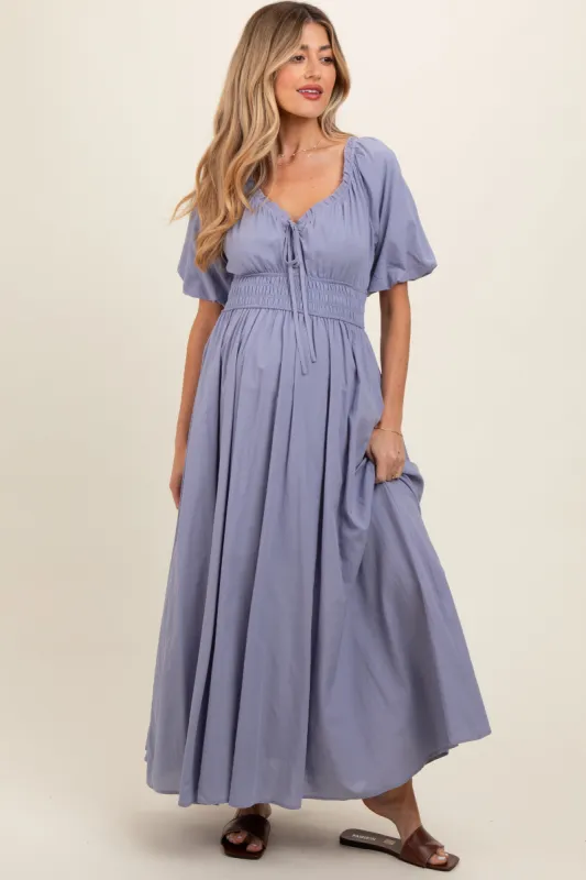 Lavender Smocked Puff Sleeve Maternity Maxi Dress sold by Pinkblush