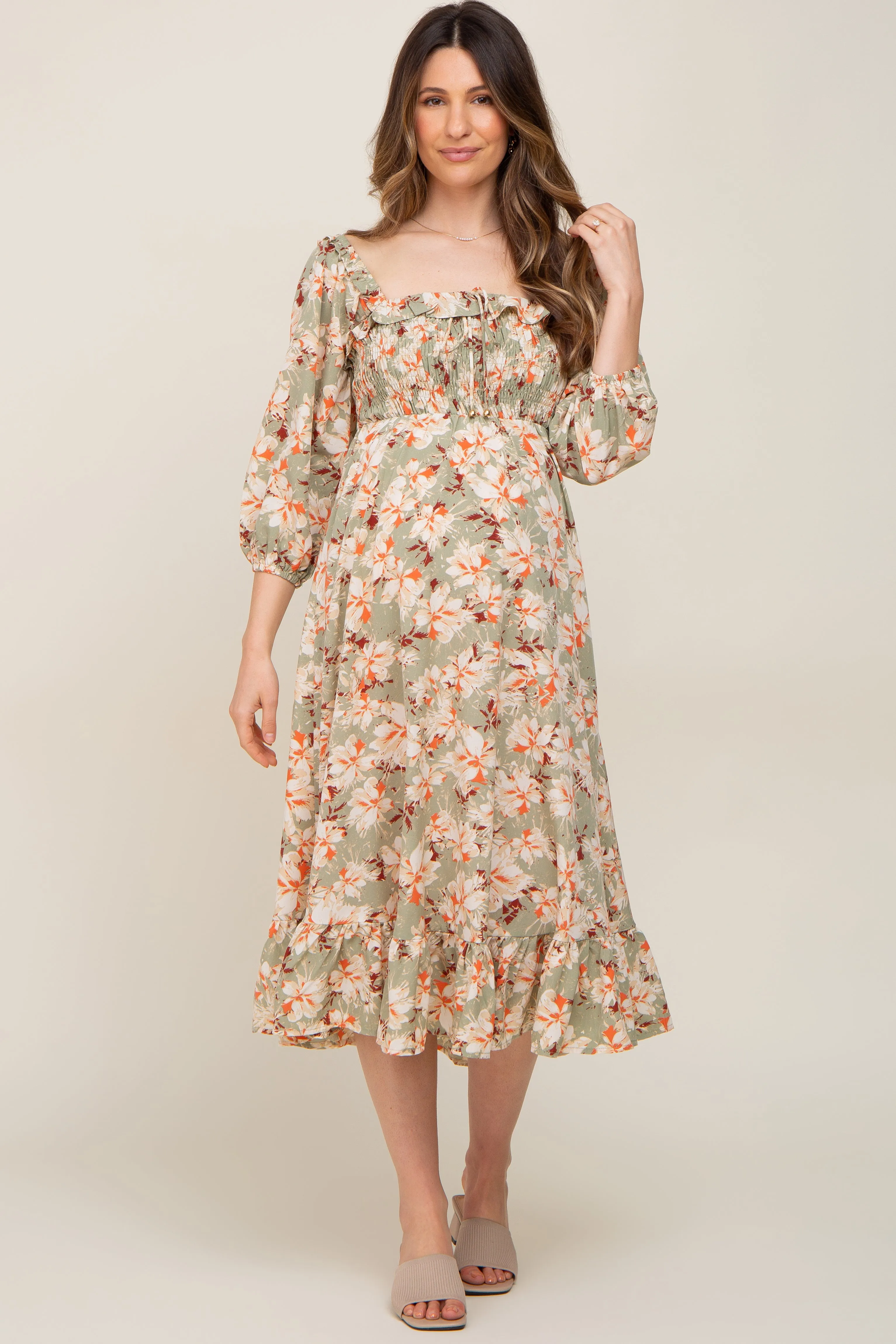 Light Olive Floral Ruffle Square Neck Smocked Front Tie Maternity Midi Dress sold by Pinkblush product image thumbnail 5