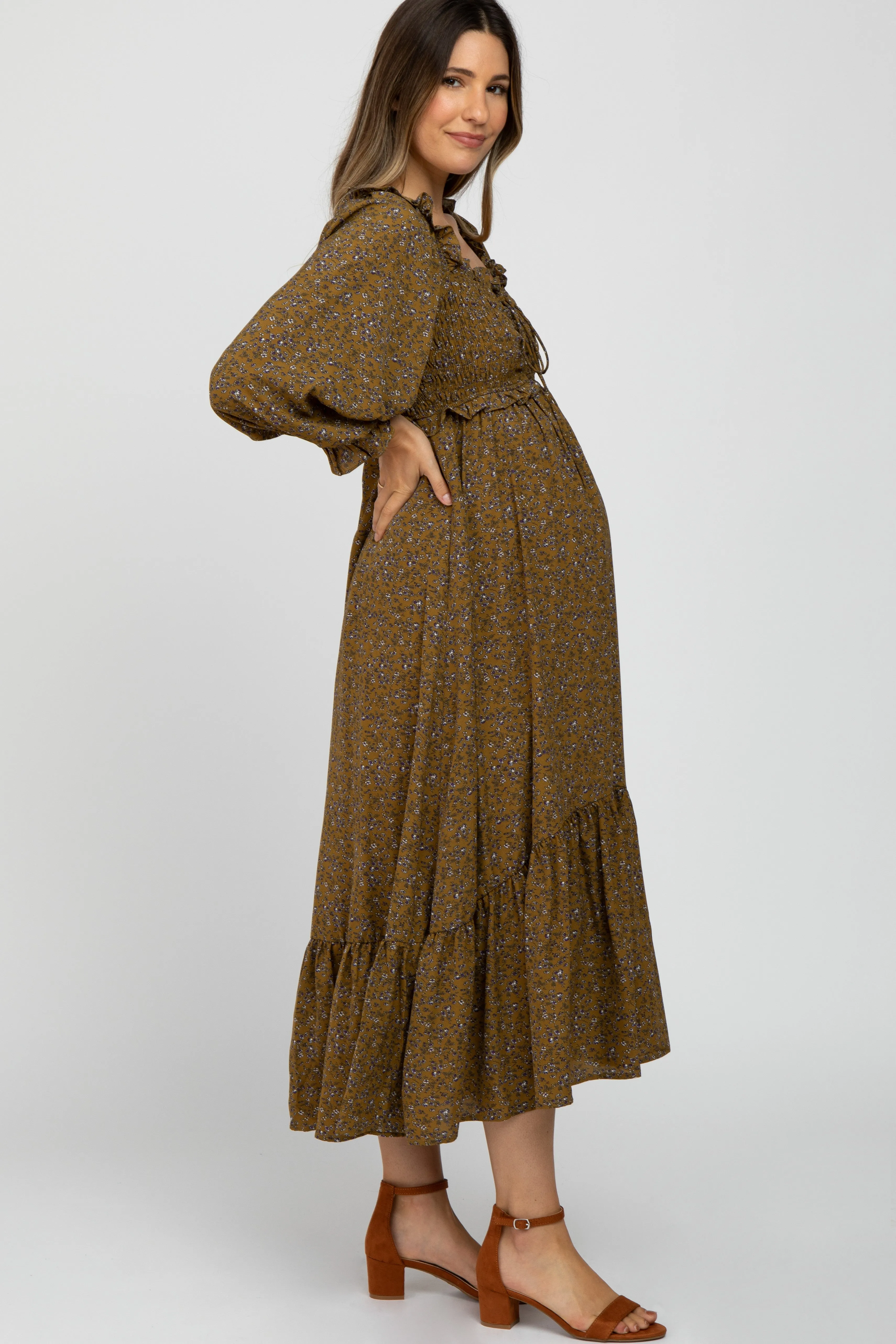 Olive Floral Ruffle Sweetheart Neck Maternity Midi Dress sold by Pinkblush product image thumbnail 3