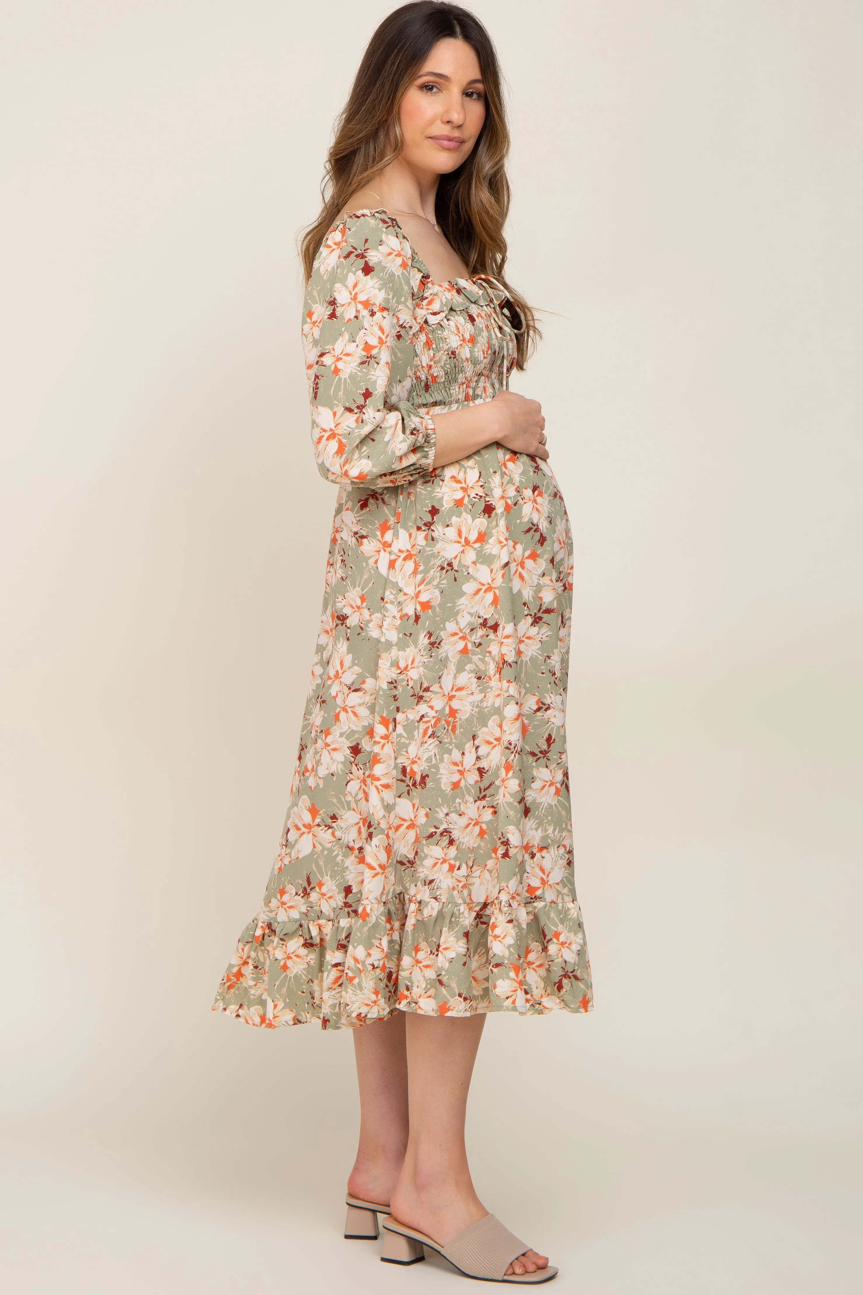 Light Olive Floral Ruffle Square Neck Smocked Front Tie Maternity Midi Dress sold by Pinkblush product image thumbnail 2