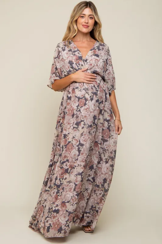 Mauve Floral Wrap Front V-Neck Smocked Waist Maternity Maxi Dress sold by Pinkblush