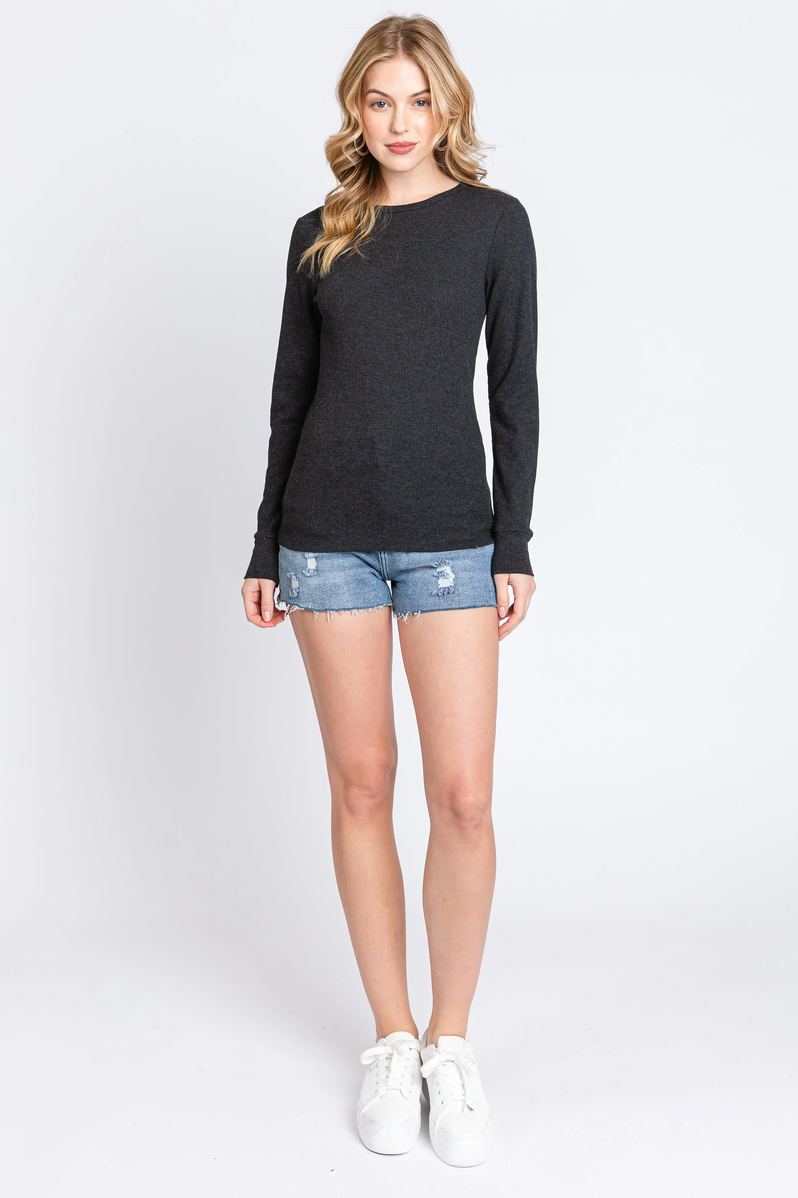 Charcoal Waffle Knit Basic Long Sleeve Top sold by Pinkblush product image thumbnail 4