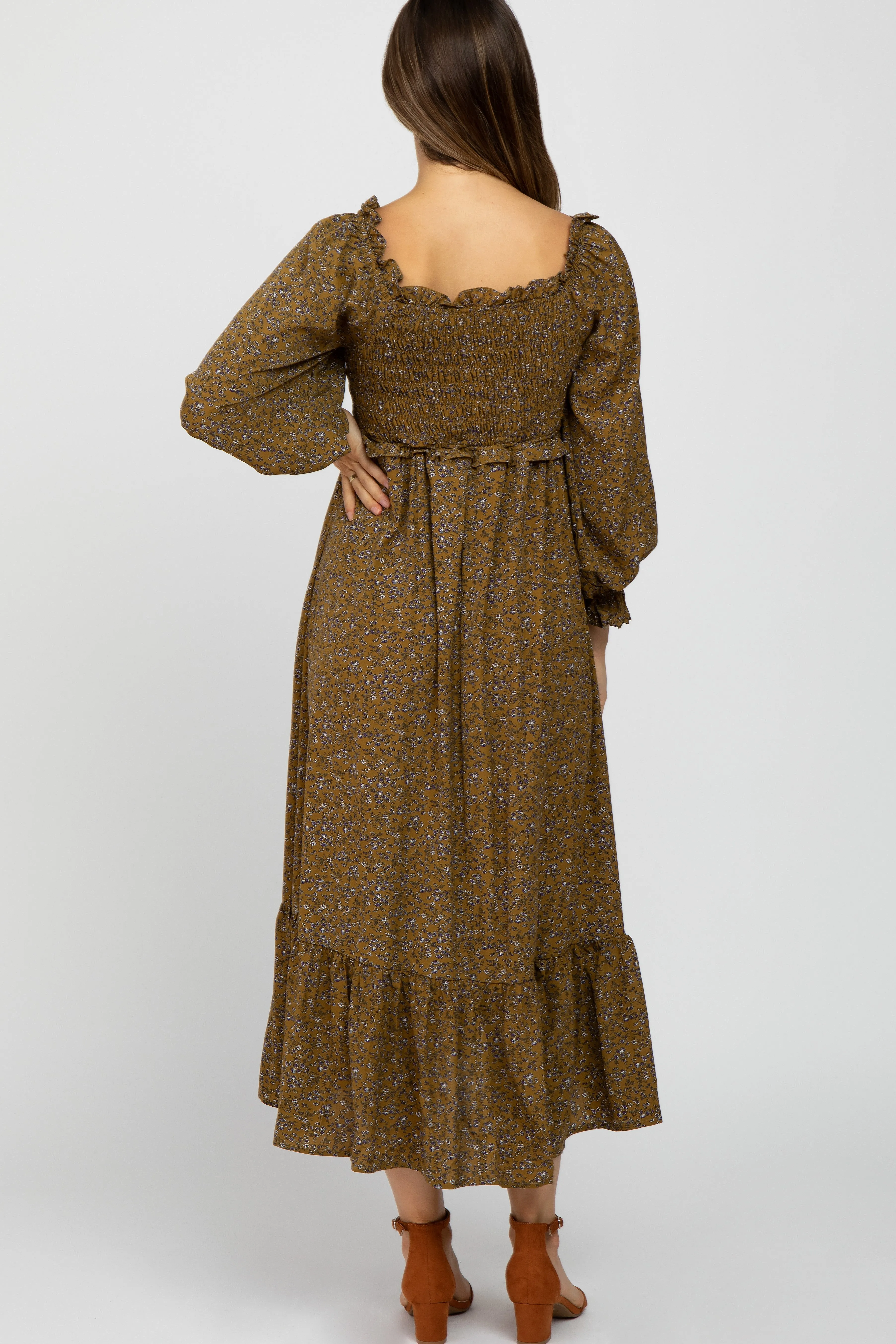 Olive Floral Ruffle Sweetheart Neck Maternity Midi Dress sold by Pinkblush product image thumbnail 4