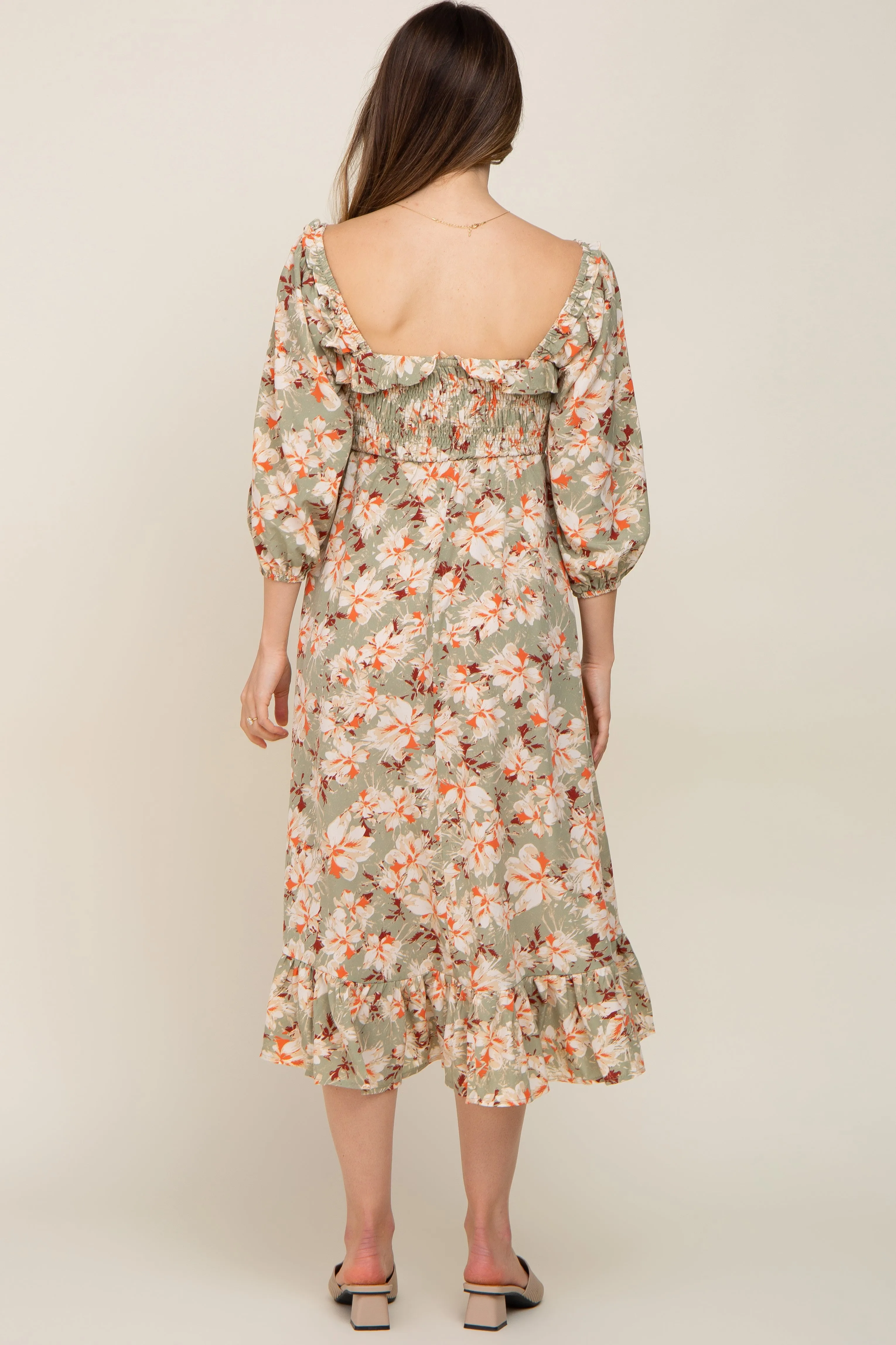 Light Olive Floral Ruffle Square Neck Smocked Front Tie Maternity Midi Dress sold by Pinkblush product image thumbnail 3