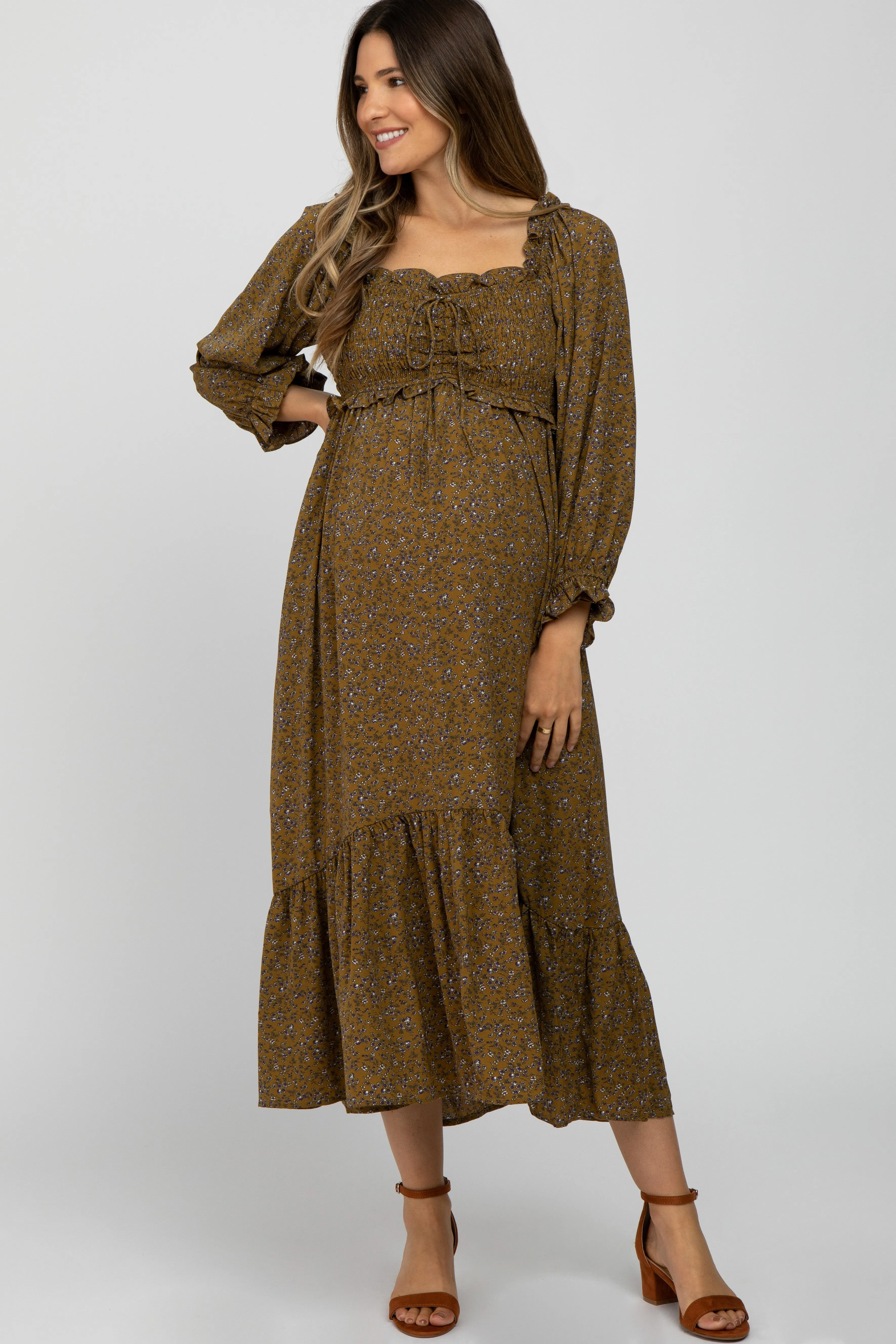 Olive Floral Ruffle Sweetheart Neck Maternity Midi Dress sold by Pinkblush