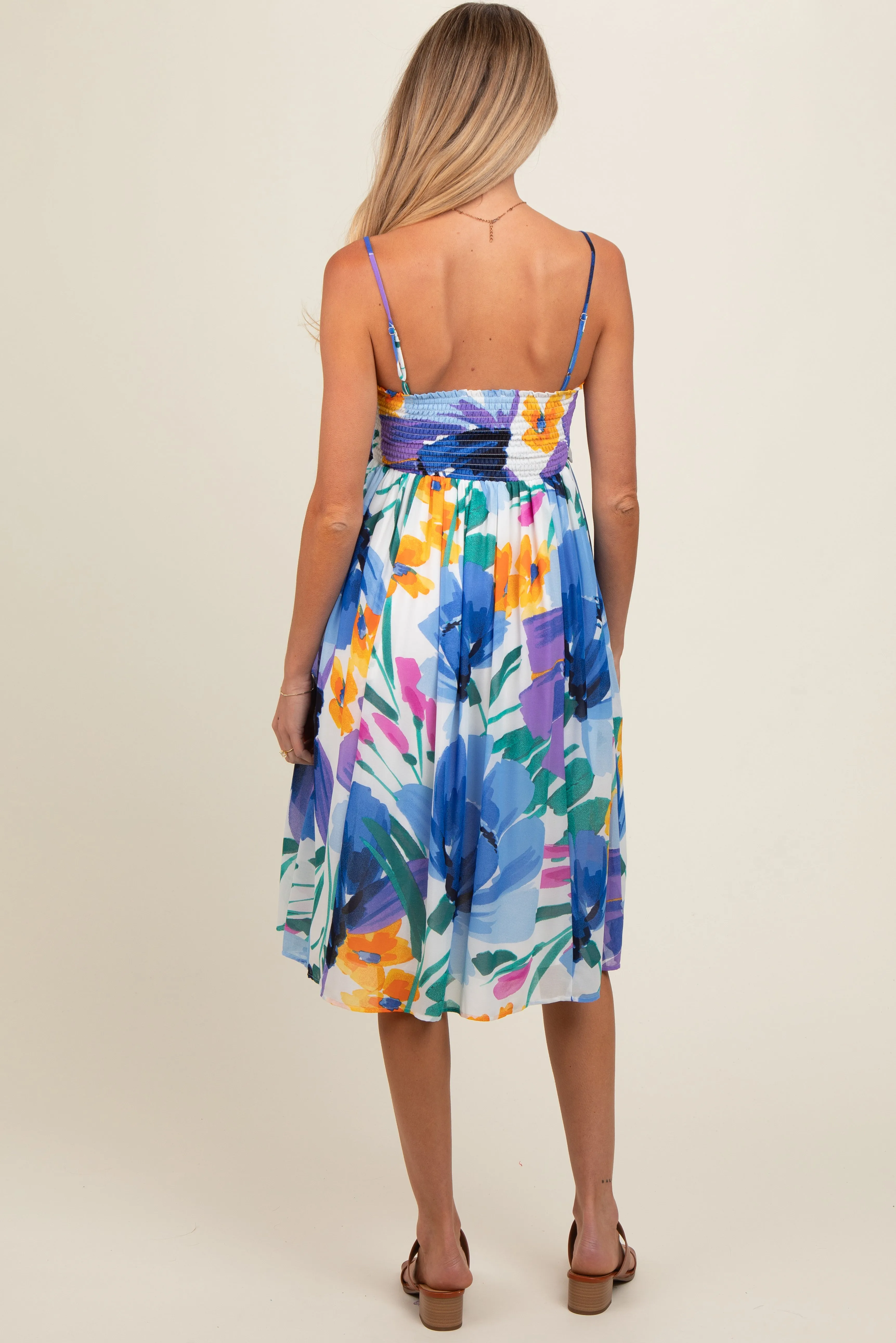 Blue Floral Smocked Chiffon Maternity Midi Dress sold by Pinkblush product image thumbnail 3